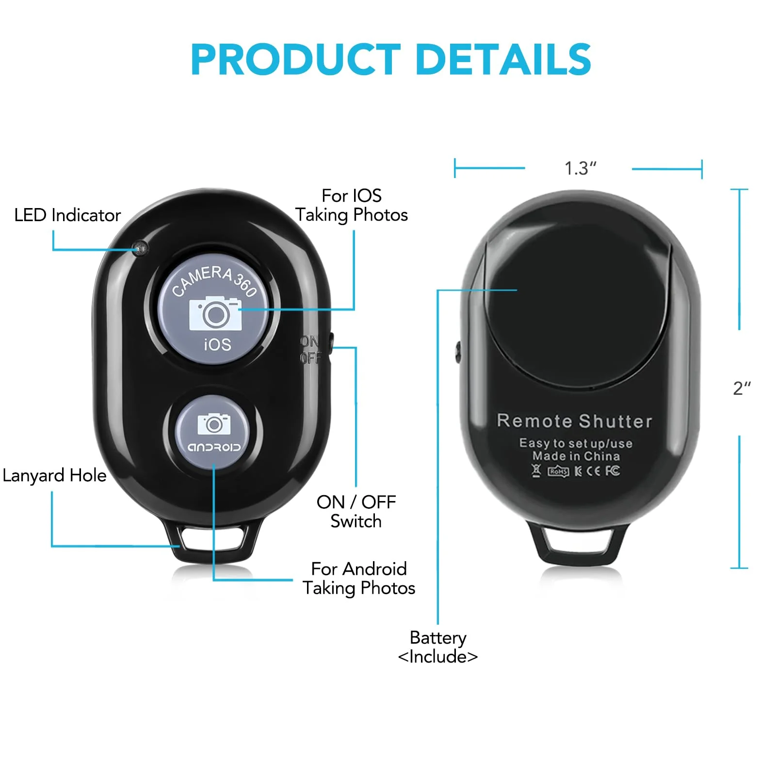 2 Pack Wireless Camera Remote Control - Wireless Remote for iPhone & Android Phones iPad iPod Tablet, Clicker for Photos & Videos, Wrist Strap Included Black - Image 7