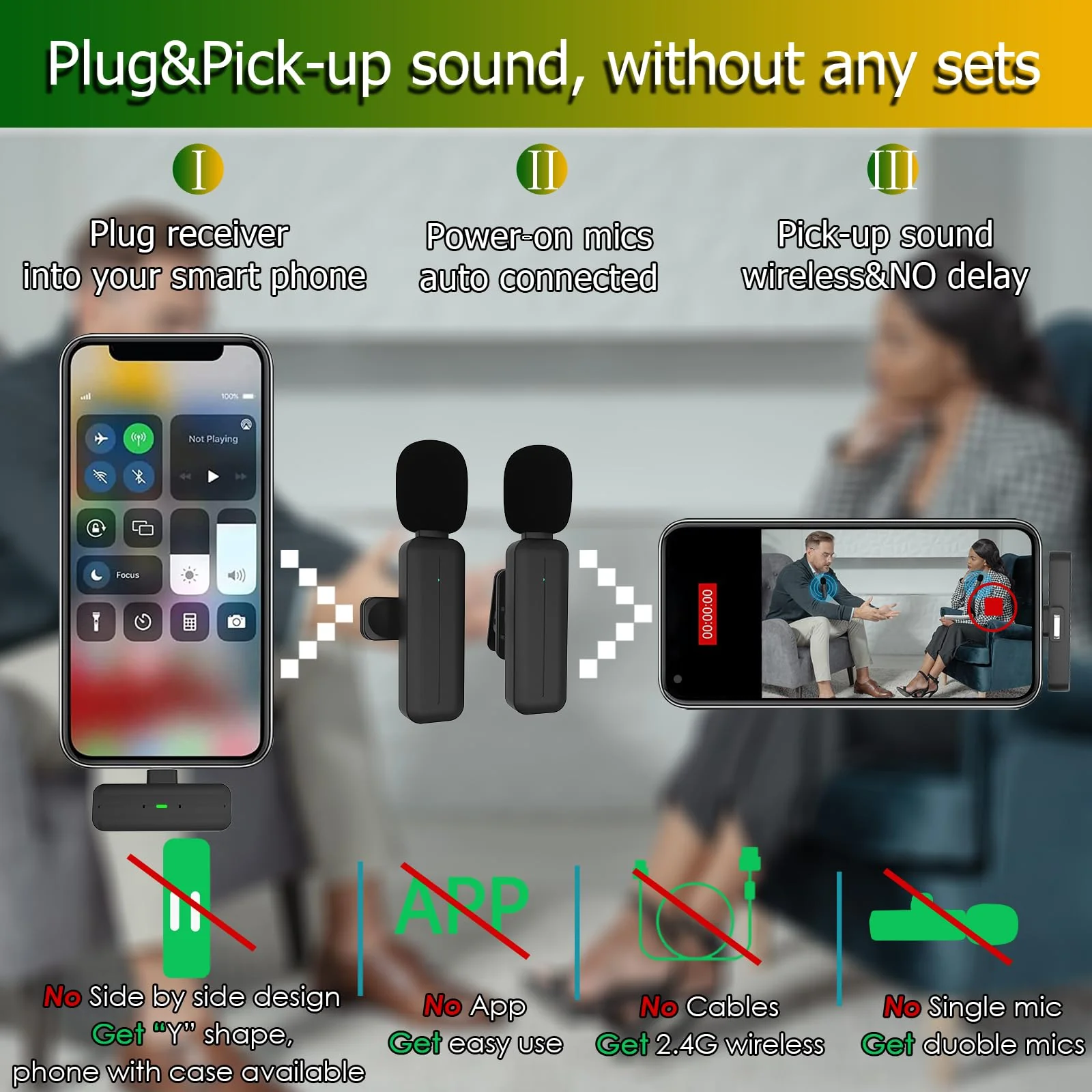 2 Pack Wireless Mini Lavalier Lapel Microphone for iPhone,Android Phone(2 in 1) - 80ft Cordless Clip on Dual Mics with Noise Reduction 5H Working Time for Video Recording Vlogging, YouTube, Interview Black - Image 2