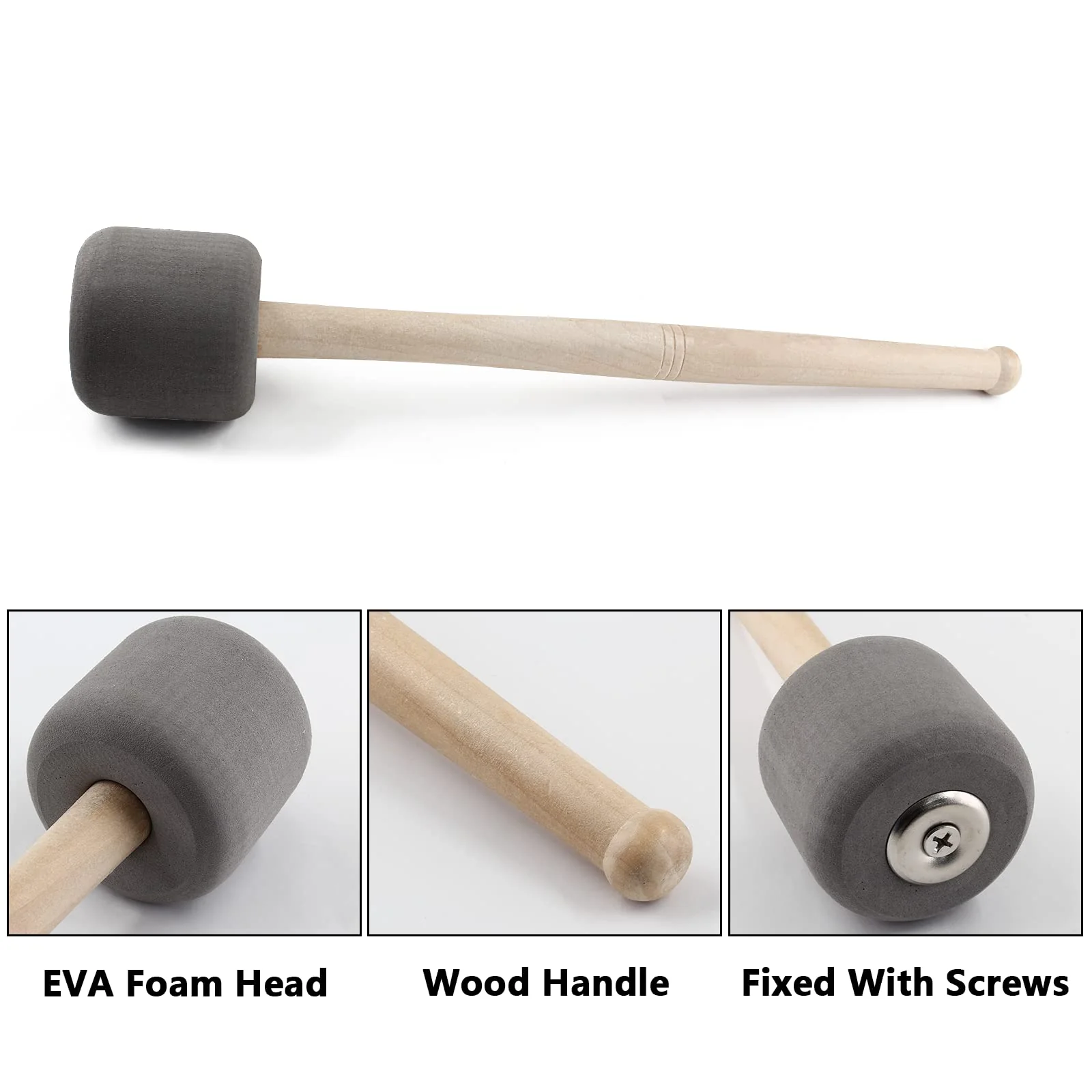 2 Pack Wood Bass Drum Mallets Sticks, 13 Inch Length EVA Foam Head Mallets Percussion Sticks for Marching Band (Gray) Gray - Image 3