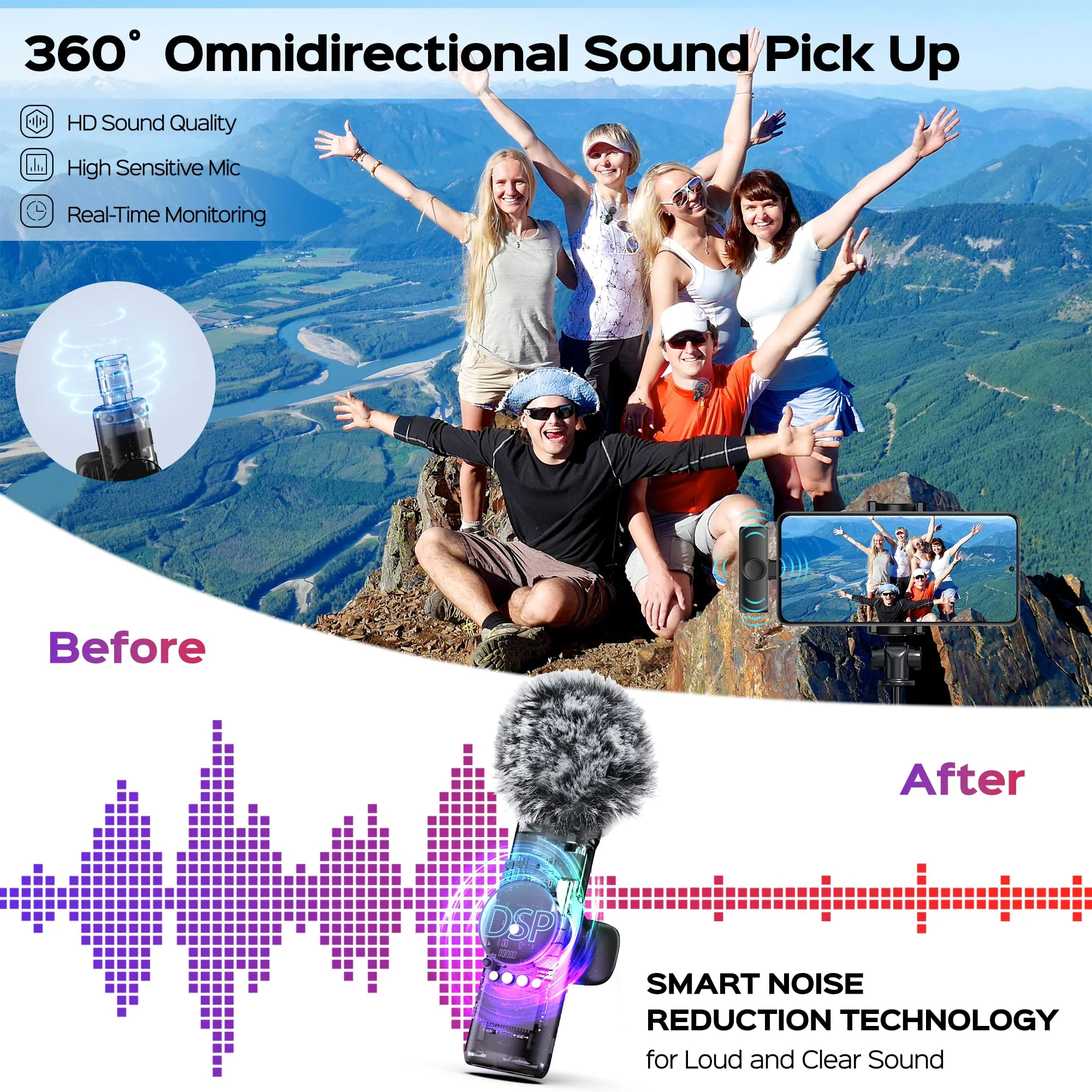 2 Packs Wireless Lavalier Microphone for iPhone 15/iPad/Android/Phone/PC/Laptop, Plug-Play Mini Mic with Noise Reduction, Lapel USB C Microphone for Video Recording, Interview, Vlogging 2-Pack - Image 3