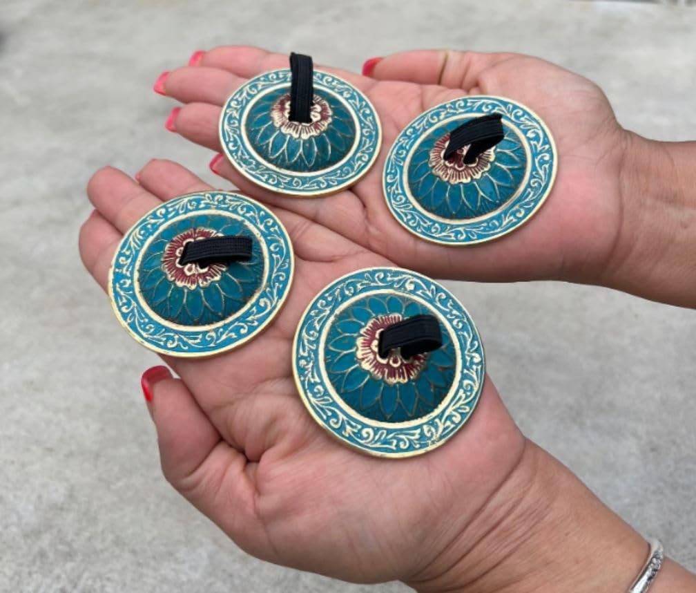 2 Pairs Brass Floral Finger Cymbals Zills for Belly Dancing (Turquoise) Turquoise - Image 2
