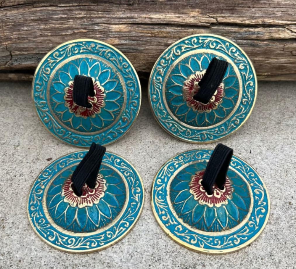 2 Pairs Brass Floral Finger Cymbals Zills for Belly Dancing (Turquoise) Turquoise - Image 4