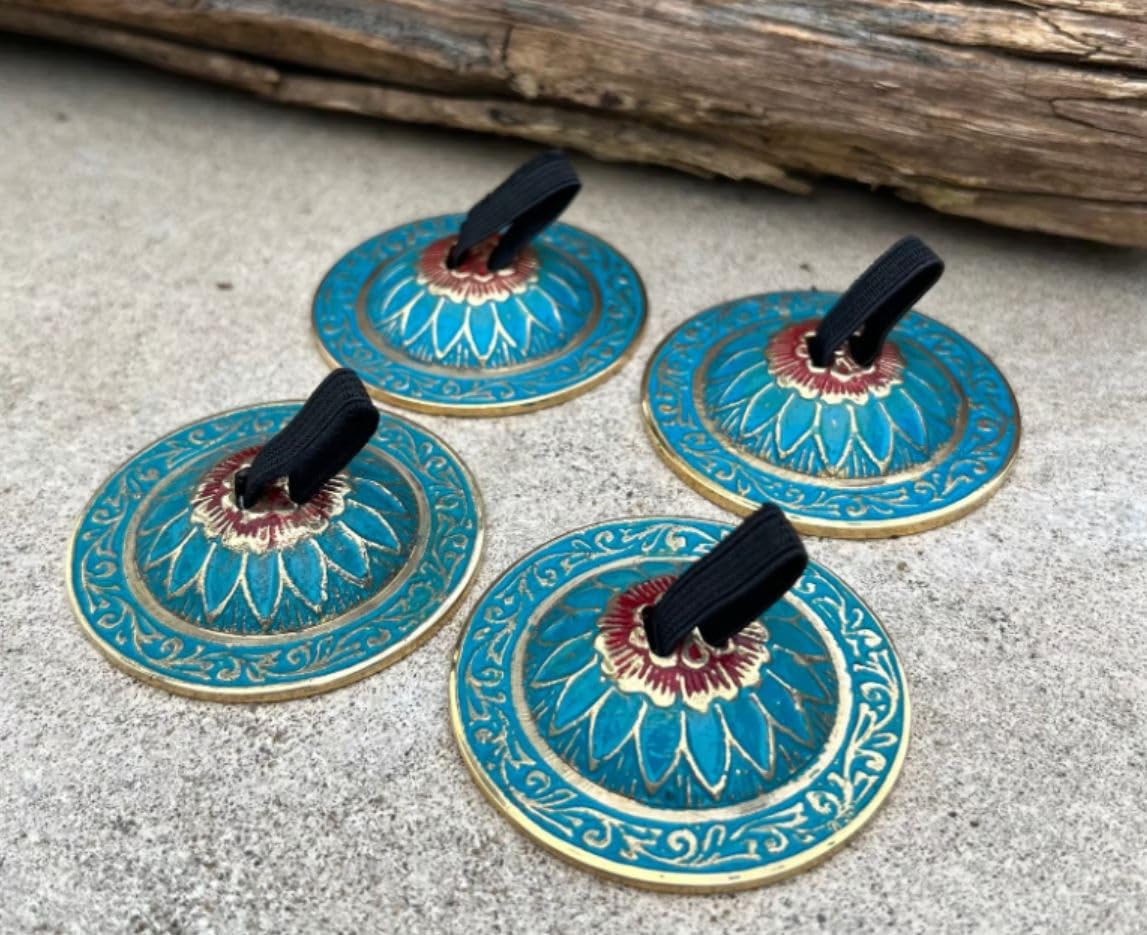 2 Pairs Brass Floral Finger Cymbals Zills for Belly Dancing (Turquoise) Turquoise - Image 6