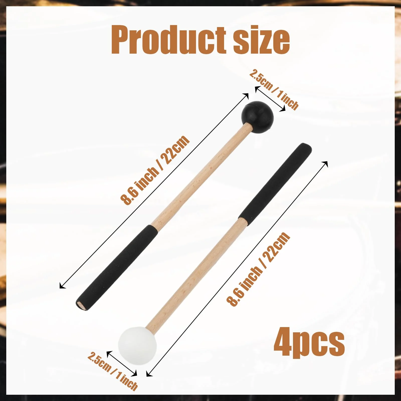 2 Pairs Xylophone Mallets, 8.6 Inch Rubber Percussion Sticks with Soft Rubber Handle, for Glockenspiel Marimba Timpani Tongue Drum Bell - Image 2
