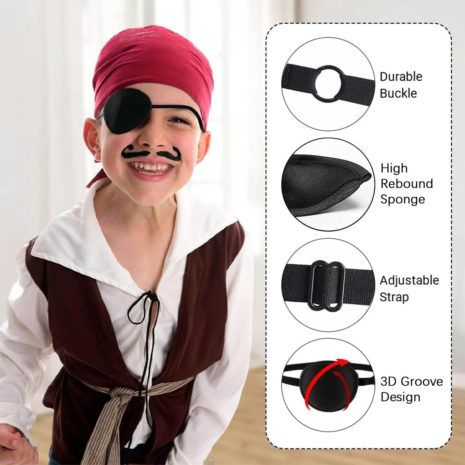 2 Pcs Eye Patch for Adults Kids,3D Adjustable Eye Patches for Amblyopia Lazy Pirate Costume(Black) - Image 4