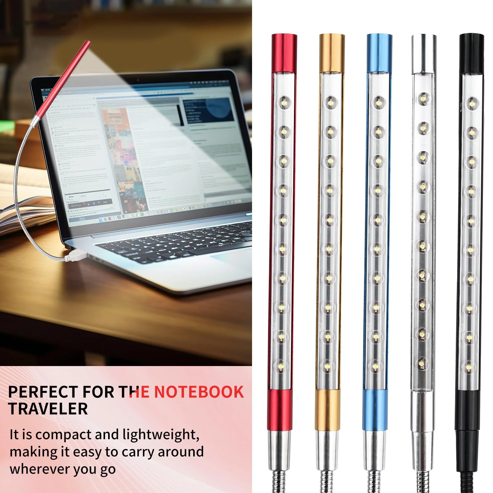 2 Pcs Keyboard Light Portable USB LED Light 10 Lamp Beads LED Laptop Light with Long Gooseneck Flexible Stick Laptop Light for Reading Book and Striking Keyboard (No Touch Switch, 2 Pcs, Red) - Image 2