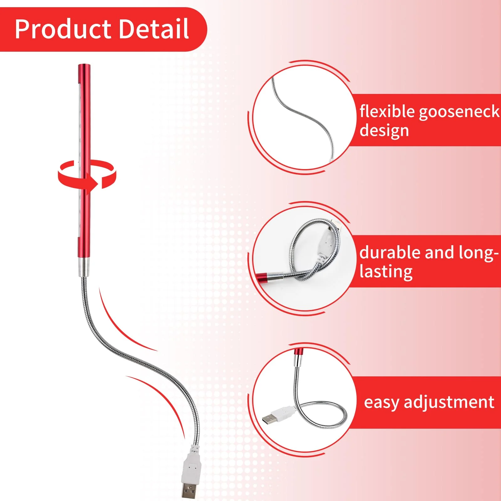 2 Pcs Keyboard Light Portable USB LED Light 10 Lamp Beads LED Laptop Light with Long Gooseneck Flexible Stick Laptop Light for Reading Book and Striking Keyboard (No Touch Switch, 2 Pcs, Red) - Image 3