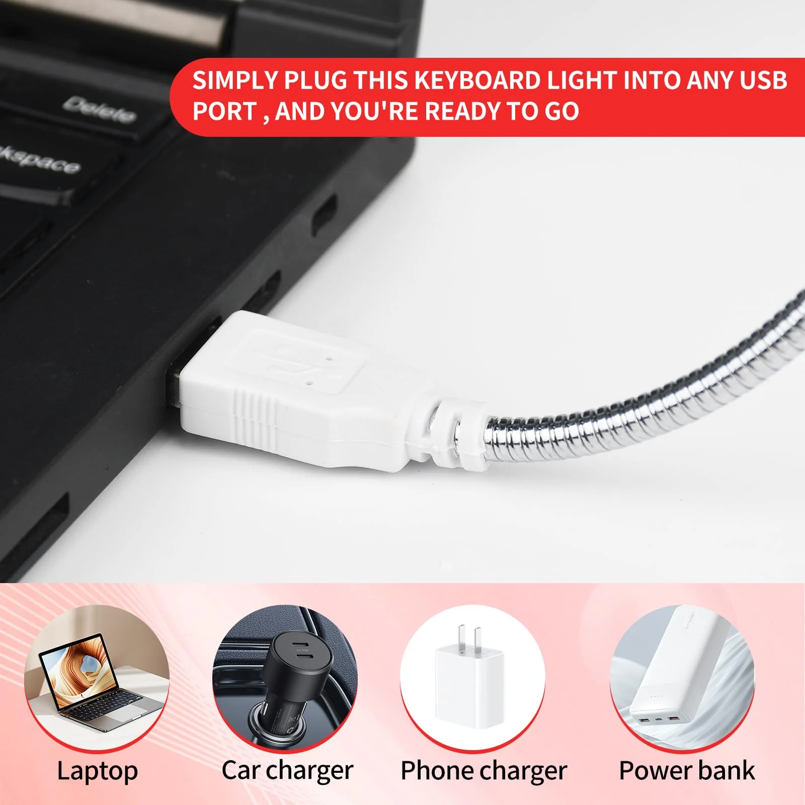 2 Pcs Keyboard Light Portable USB LED Light 10 Lamp Beads LED Laptop Light with Long Gooseneck Flexible Stick Laptop Light for Reading Book and Striking Keyboard (No Touch Switch, 2 Pcs, Red) - Image 4