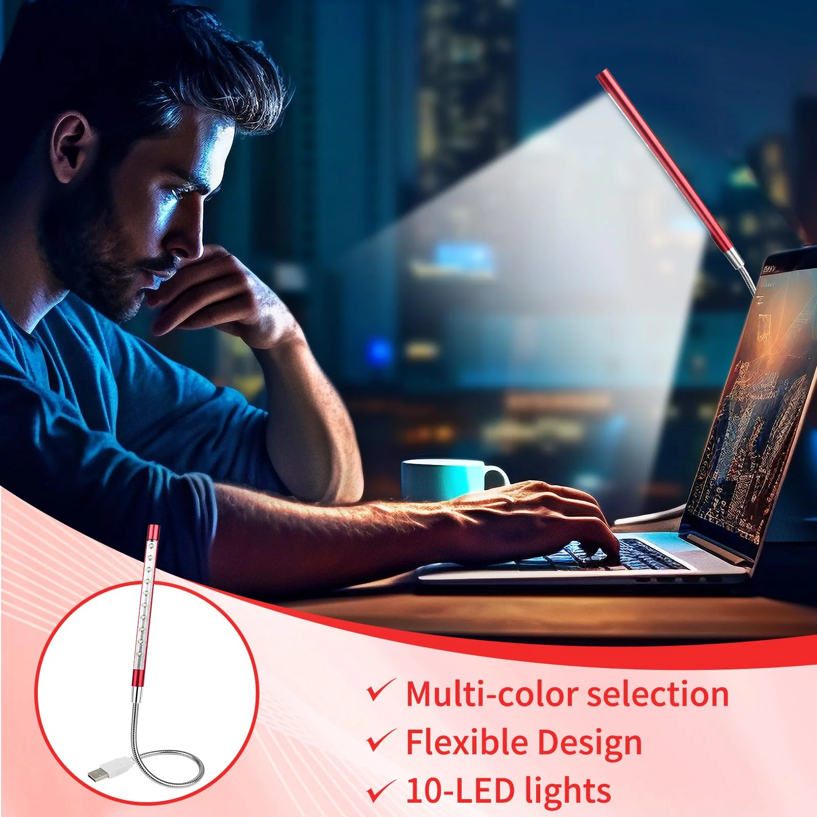 2 Pcs Keyboard Light Portable USB LED Light 10 Lamp Beads LED Laptop Light with Long Gooseneck Flexible Stick Laptop Light for Reading Book and Striking Keyboard (No Touch Switch, 2 Pcs, Red) - Image 5