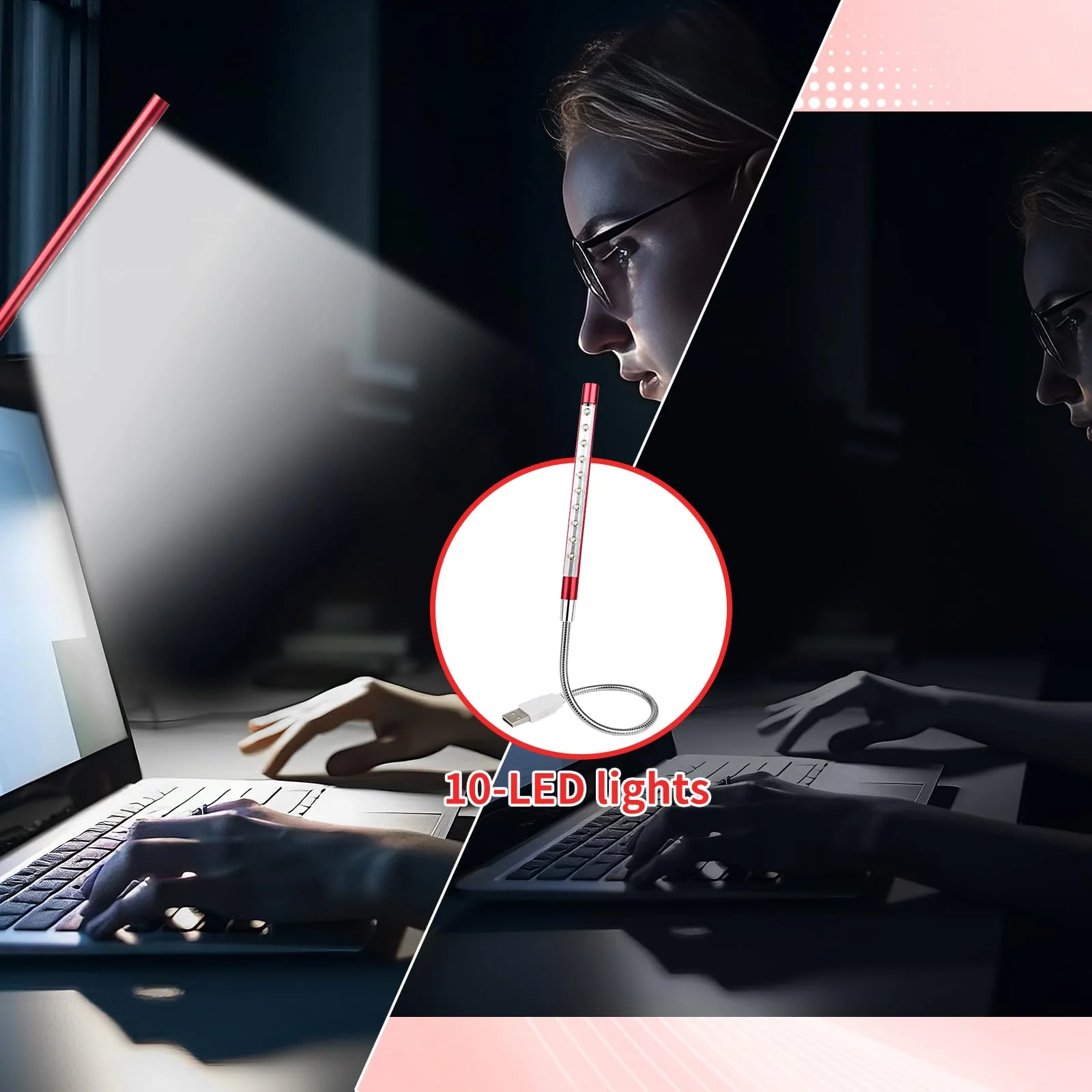 2 Pcs Keyboard Light Portable USB LED Light 10 Lamp Beads LED Laptop Light with Long Gooseneck Flexible Stick Laptop Light for Reading Book and Striking Keyboard (No Touch Switch, 2 Pcs, Red) - Image 6