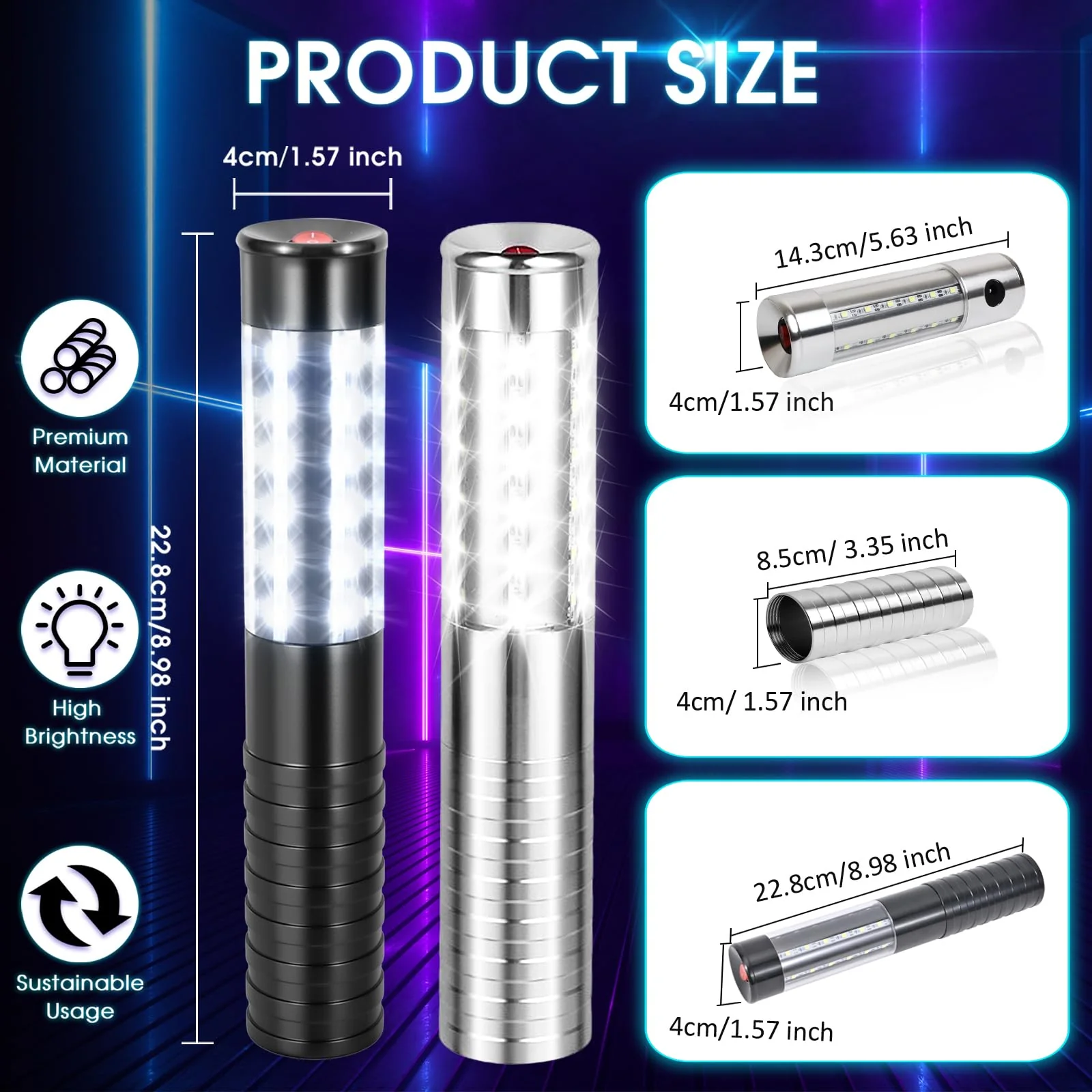 2 PCS LED Strobe Baton Light Rechargeable LED Bottle Service Light Reusable Handheld Champagne Bottle LED Light for Party Nightclub Bar Concert Event Festival Outdoor Activity (Silver&Black) - Image 2