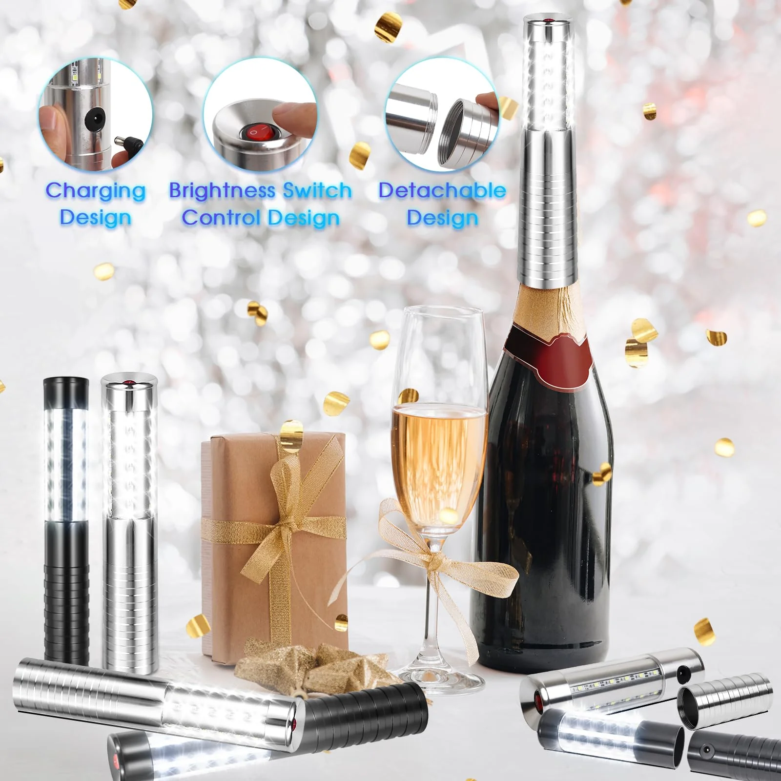 2 PCS LED Strobe Baton Light Rechargeable LED Bottle Service Light Reusable Handheld Champagne Bottle LED Light for Party Nightclub Bar Concert Event Festival Outdoor Activity (Silver&Black) - Image 3