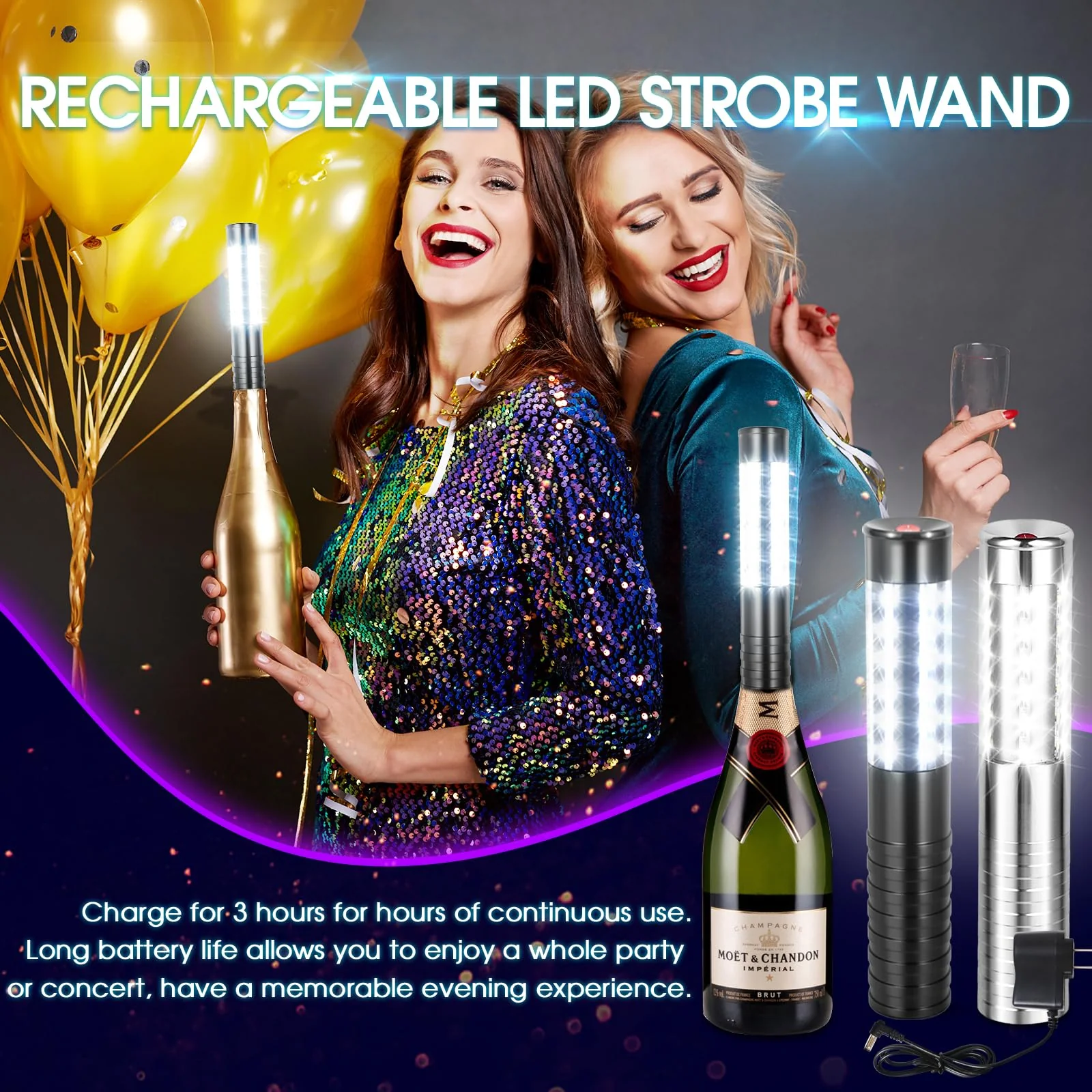 2 PCS LED Strobe Baton Light Rechargeable LED Bottle Service Light Reusable Handheld Champagne Bottle LED Light for Party Nightclub Bar Concert Event Festival Outdoor Activity (Silver&Black) - Image 5