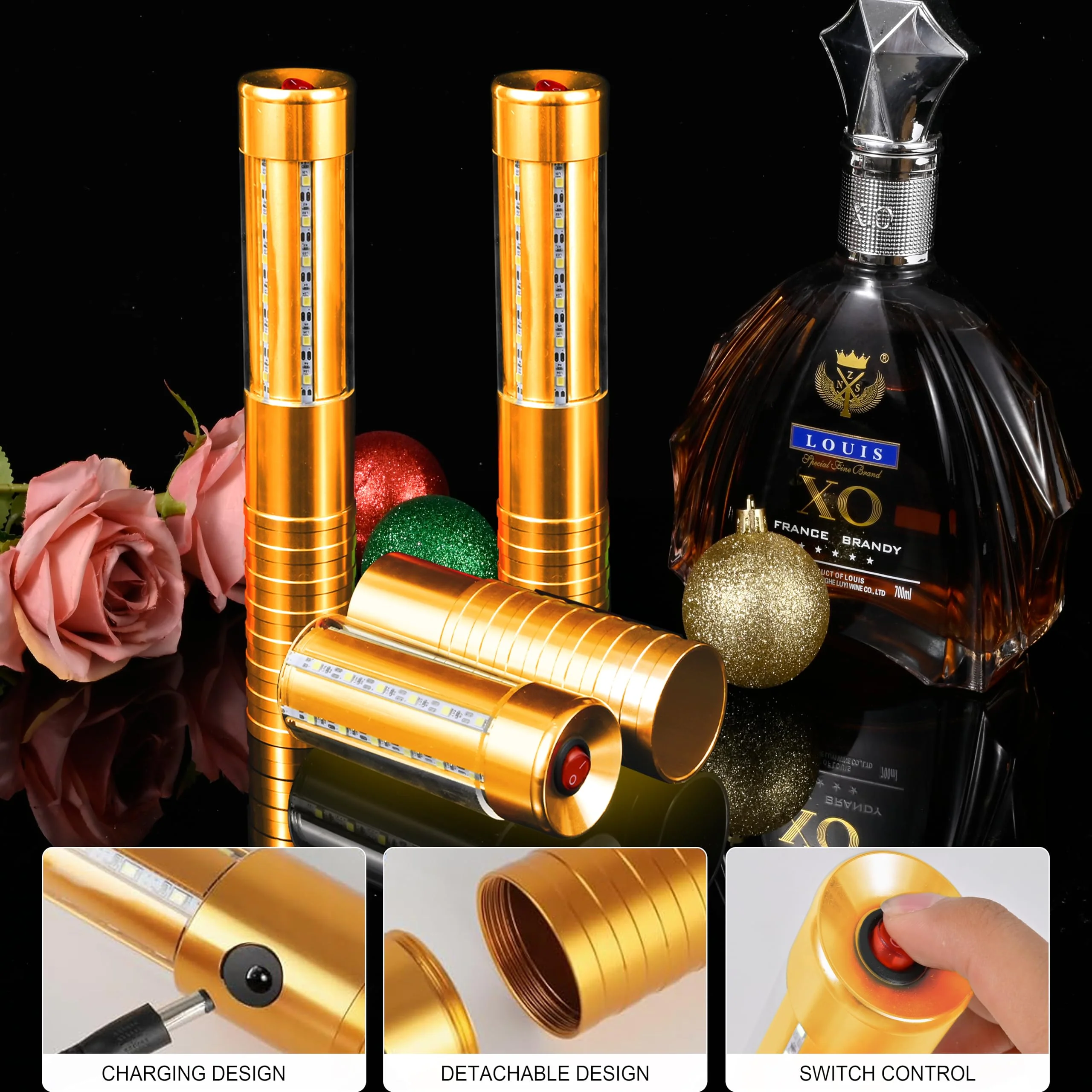 2 PCS LED Strobe Baton Lights Bottle Service Rechargeable Light, Reusable Handheld Champagne Bottle Light Topper for Party Nightclub Bar Wedding Concert Festival Activity (Golden, 2 Pack) Golden - Image 3