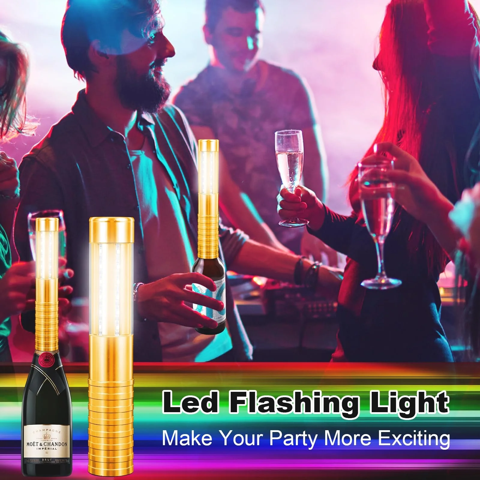2 PCS LED Strobe Baton Lights Bottle Service Rechargeable Light, Reusable Handheld Champagne Bottle Light Topper for Party Nightclub Bar Wedding Concert Festival Activity (Golden, 2 Pack) Golden - Image 6