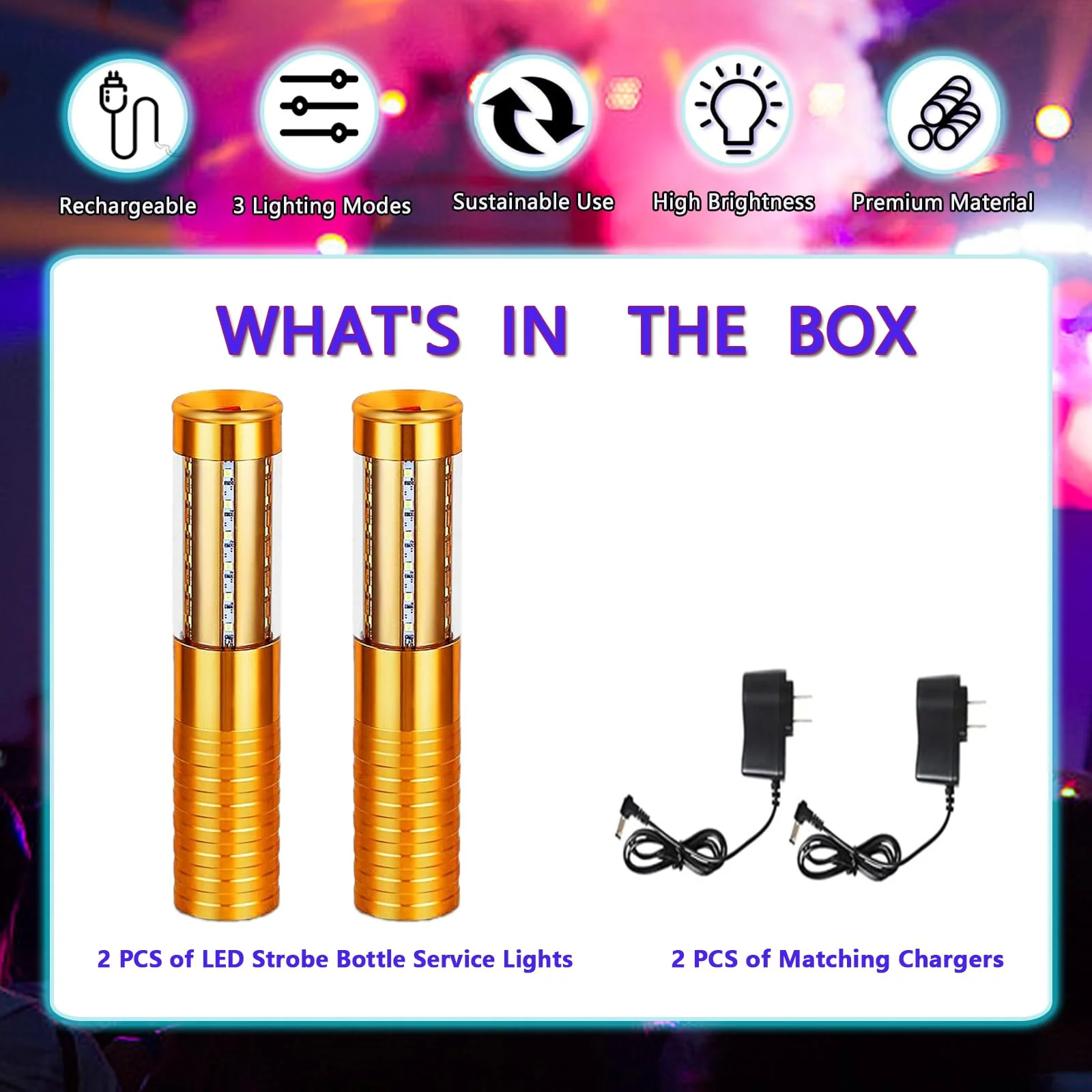 2 PCS LED Strobe Baton Lights Bottle Service Rechargeable Light, Reusable Handheld Champagne Bottle Light Topper for Party Nightclub Bar Wedding Concert Festival Activity (Golden, 2 Pack) Golden - Image 7