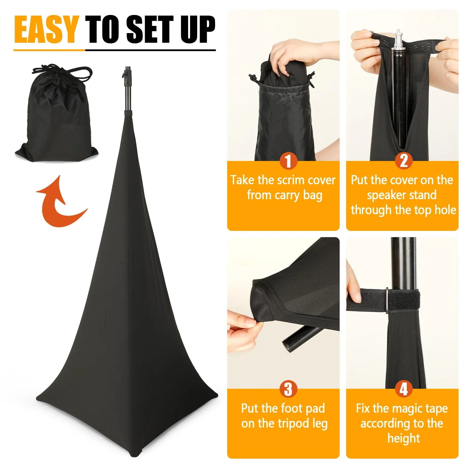 2 Pcs Speaker Stand Cover 360 Degree Black Speaker Skirt Cover DJ Tripod Stretchable Scrim with Storage Bag for Stage Gig Party Wedding Banquet - Image 4