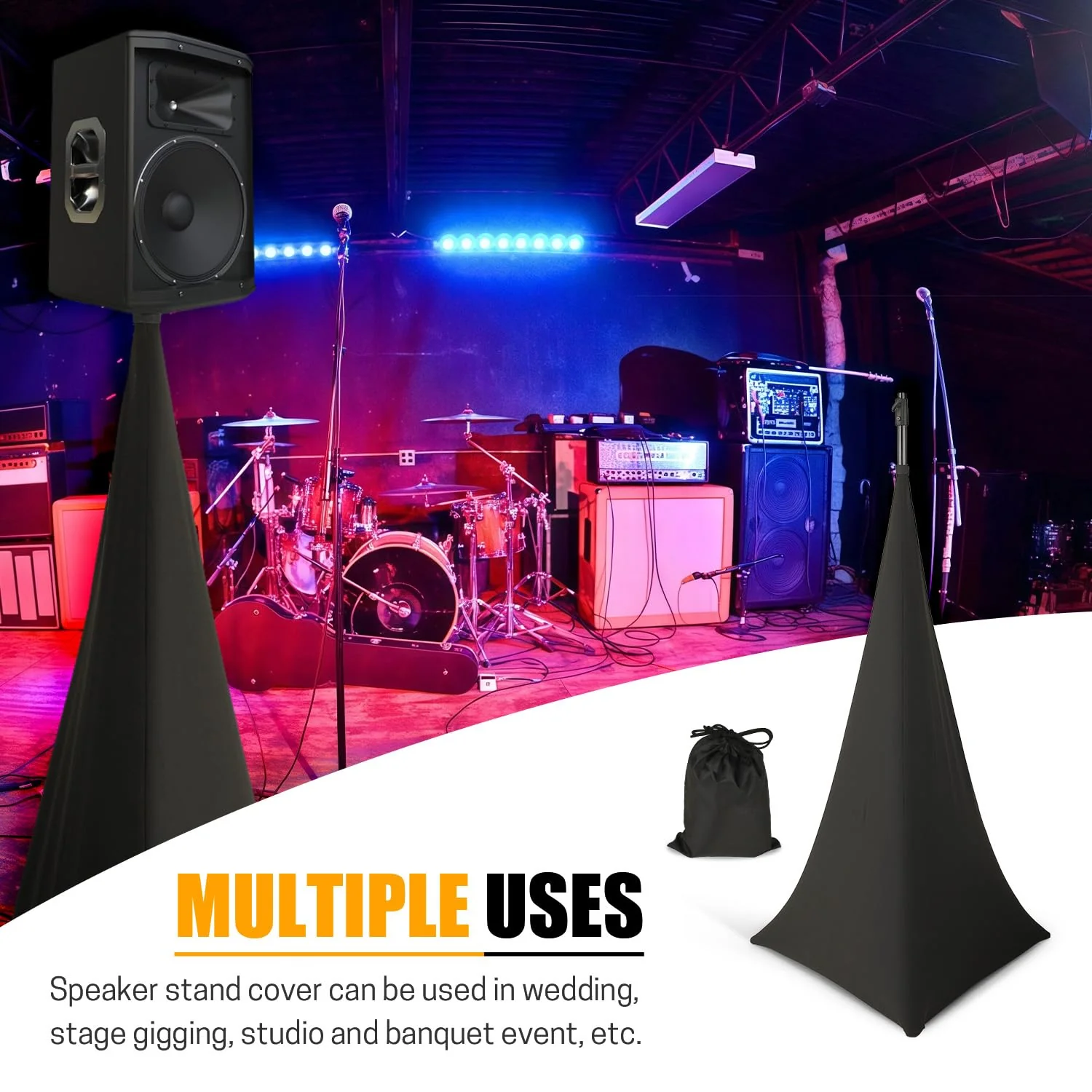 2 Pcs Speaker Stand Cover 360 Degree Black Speaker Skirt Cover DJ Tripod Stretchable Scrim with Storage Bag for Stage Gig Party Wedding Banquet - Image 6