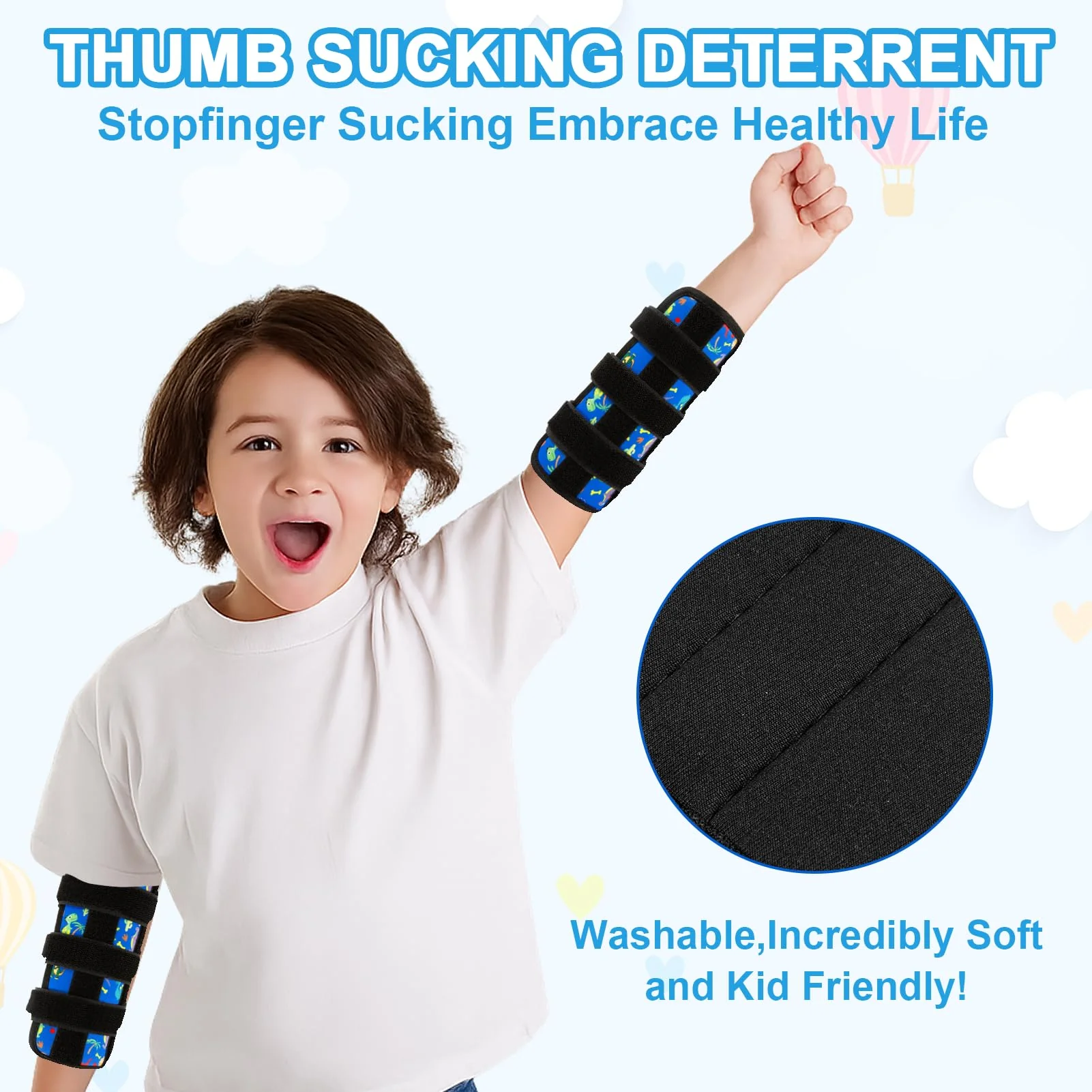 2 PCS Thumb Sucking Deterrent, Blue Dinosaur Thumb Guard for Kids Toddlers Nail Biting Treatment, Anti Nose Picking, Scratching Face, Elbow Immobilizer for Boys Girls, Finger Sucking Prevention - Image 4