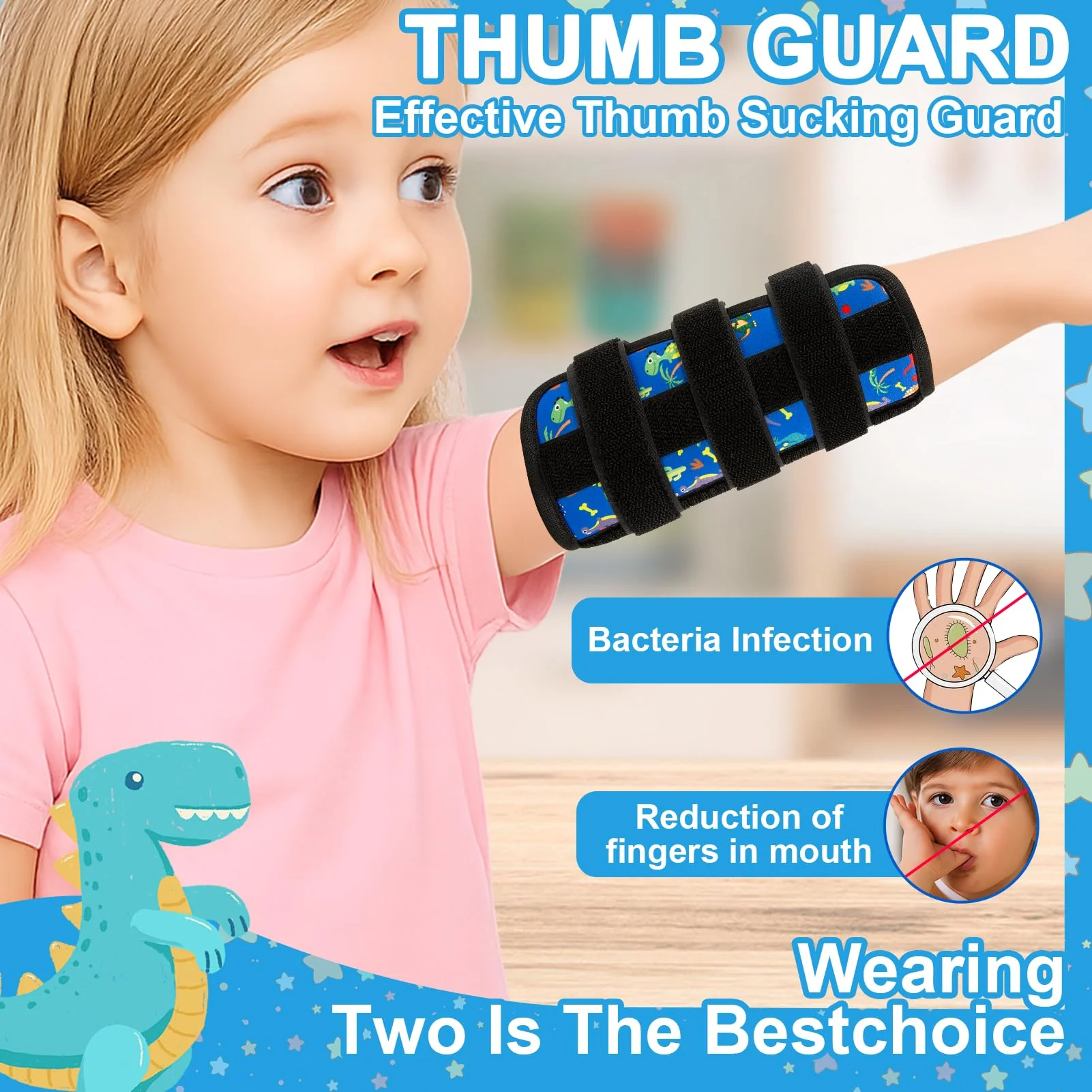 2 PCS Thumb Sucking Deterrent, Blue Dinosaur Thumb Guard for Kids Toddlers Nail Biting Treatment, Anti Nose Picking, Scratching Face, Elbow Immobilizer for Boys Girls, Finger Sucking Prevention - Image 5