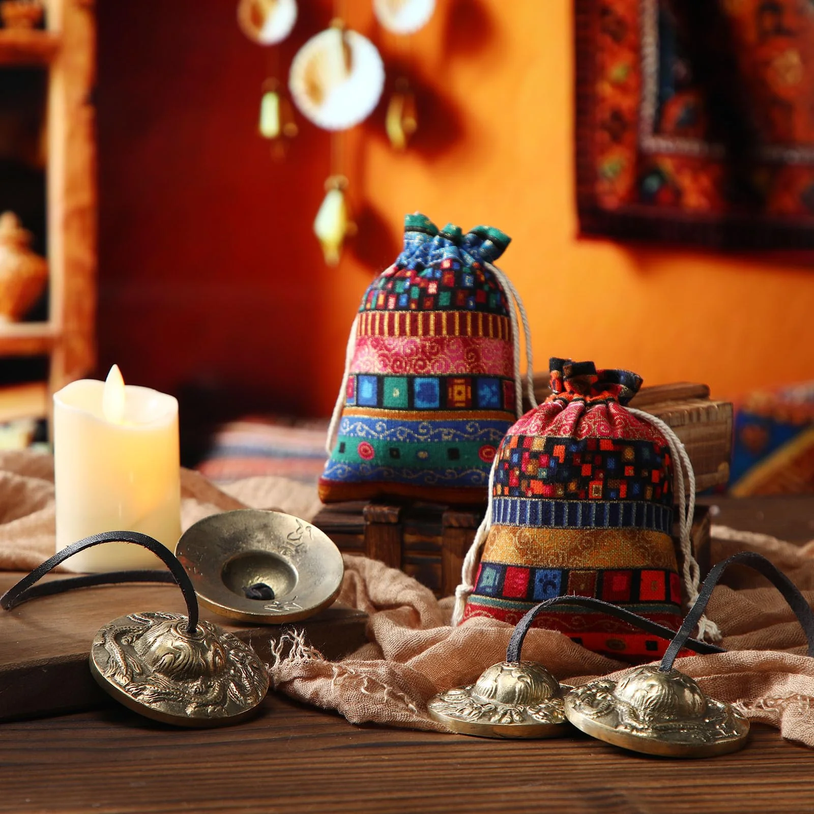 2 Pcs Tibetan Tingsha Cymbals with 2 Pcs Tibetan Drawstring Cloth Bags Meditation Chime Bells 2.56 Inch Handcrafted Meditation Accessory (2 Dragons with Bell Embossed,Red,Green) Red,Green 2 Dragons with Bell Embossed - Image 3