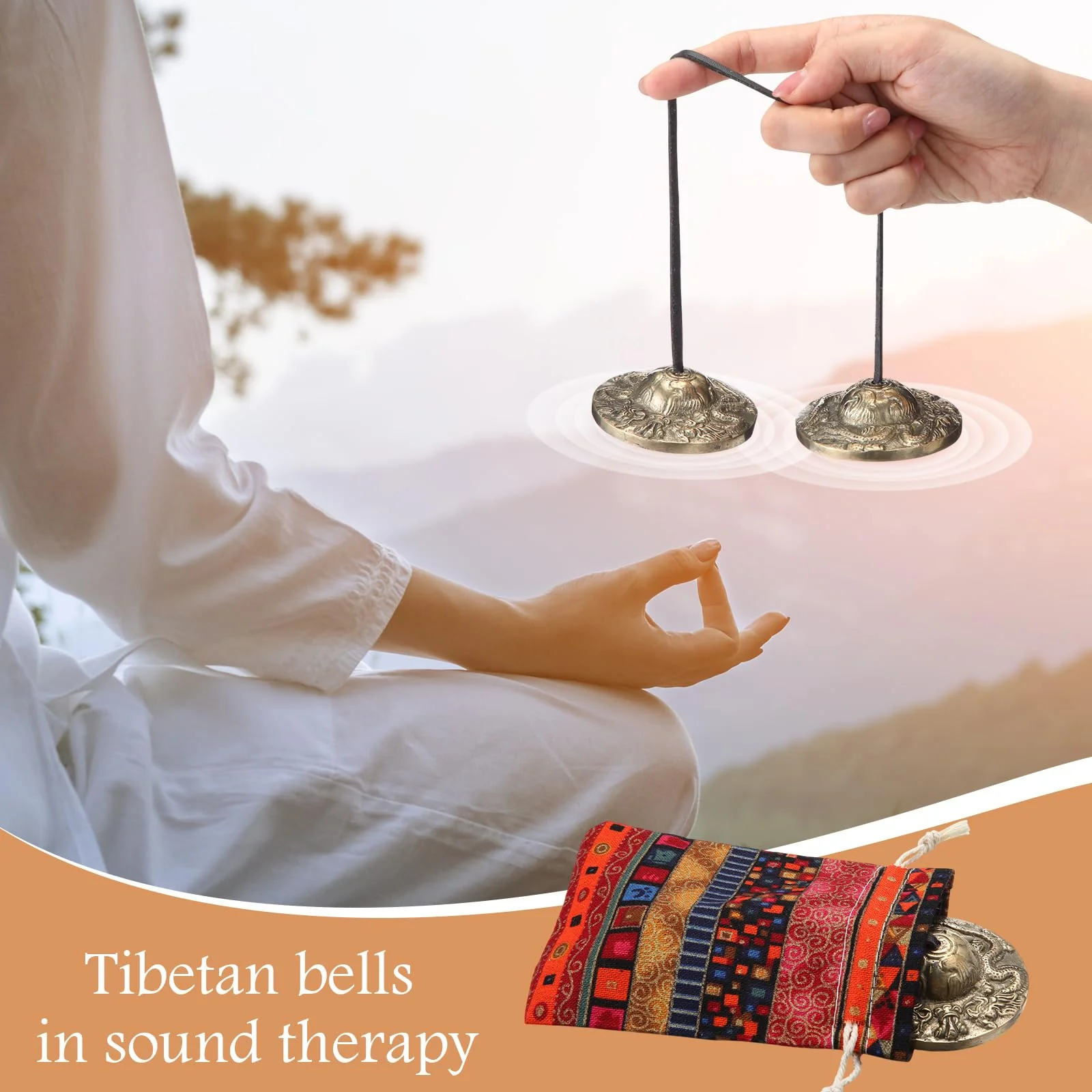 2 Pcs Tibetan Tingsha Cymbals with 2 Pcs Tibetan Drawstring Cloth Bags Meditation Chime Bells 2.56 Inch Handcrafted Meditation Accessory (2 Dragons with Bell Embossed,Red,Green) Red,Green 2 Dragons with Bell Embossed - Image 6