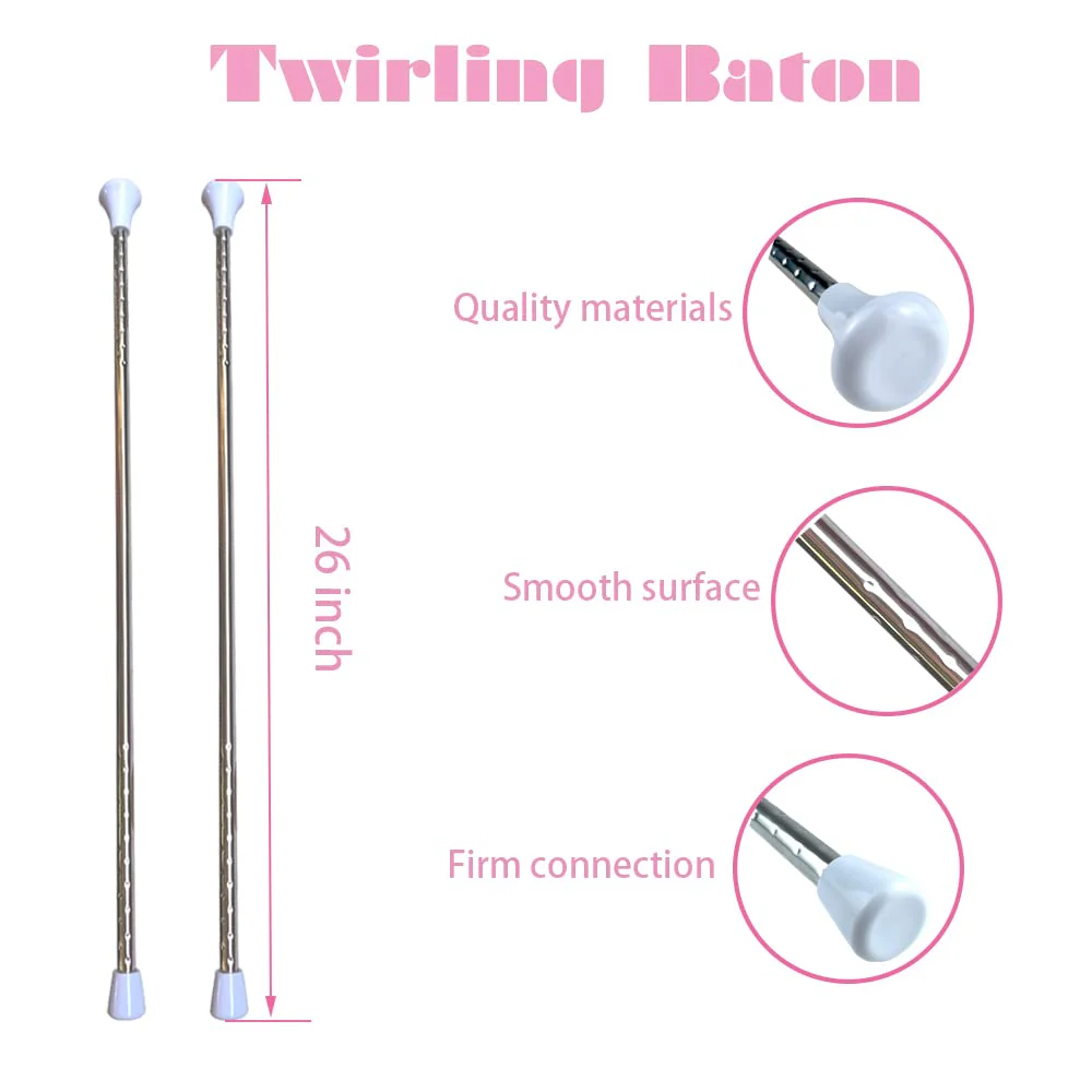 2 Pcs Twirling Baton 26-Inches Marching Band Baton Spinning Dance Baton Metal Gymnastics Parade Stick for Child in Majorette with 2 Dance Ribbon Streamer 2 White - Image 2