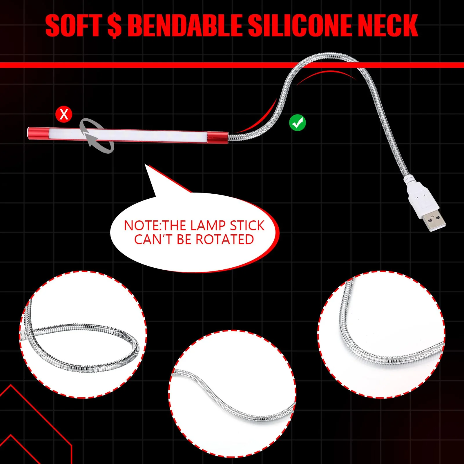 2 Pcs USB Reading Lamps with 10 LED Bead Brightness Dimmable Setting Flexible USB Keyboard Light USB Lamp for Desktop Notebook Laptop Computer, On/Off Touch Switch, Black and Red Black, Red - Image 2