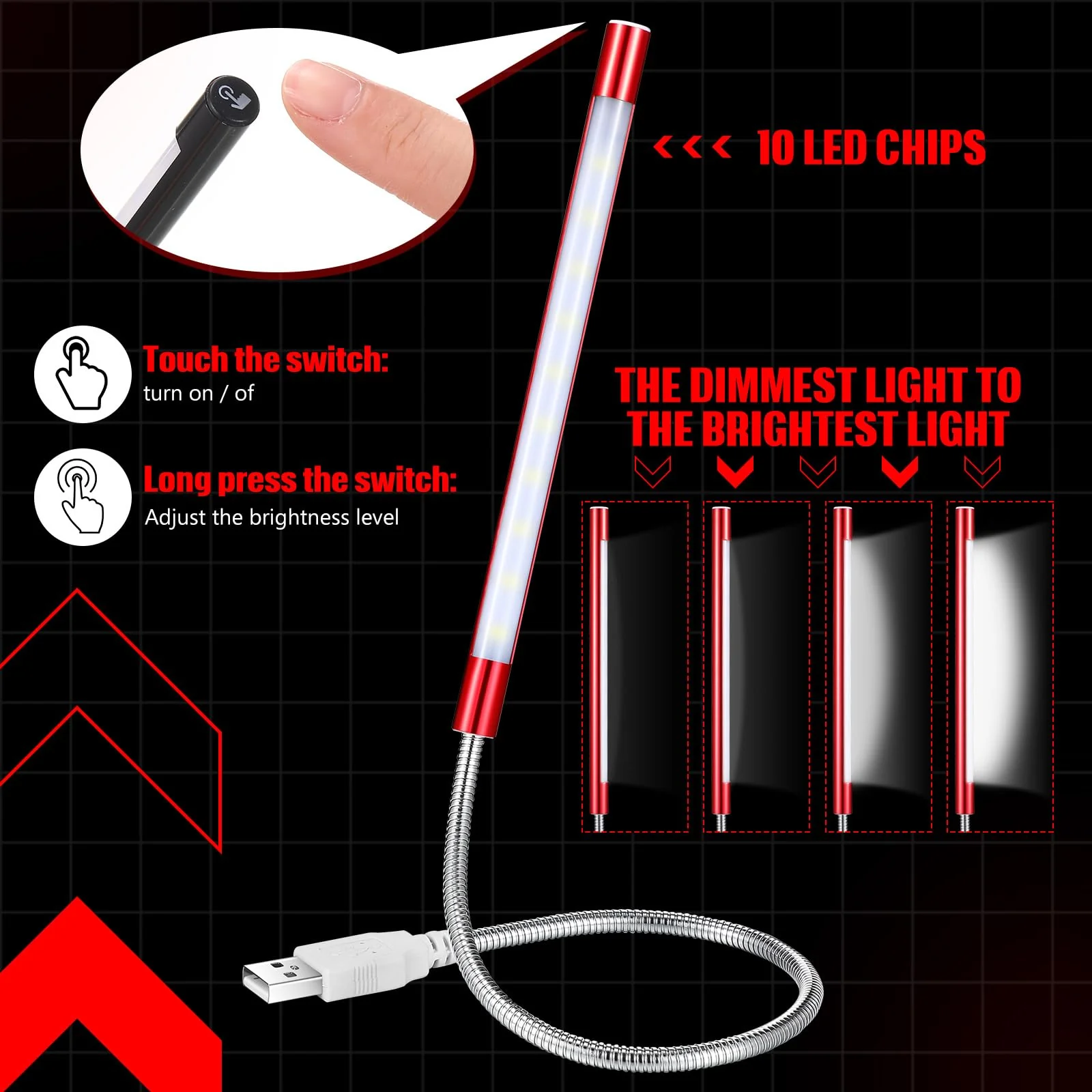 2 Pcs USB Reading Lamps with 10 LED Bead Brightness Dimmable Setting Flexible USB Keyboard Light USB Lamp for Desktop Notebook Laptop Computer, On/Off Touch Switch, Black and Red Black, Red - Image 3