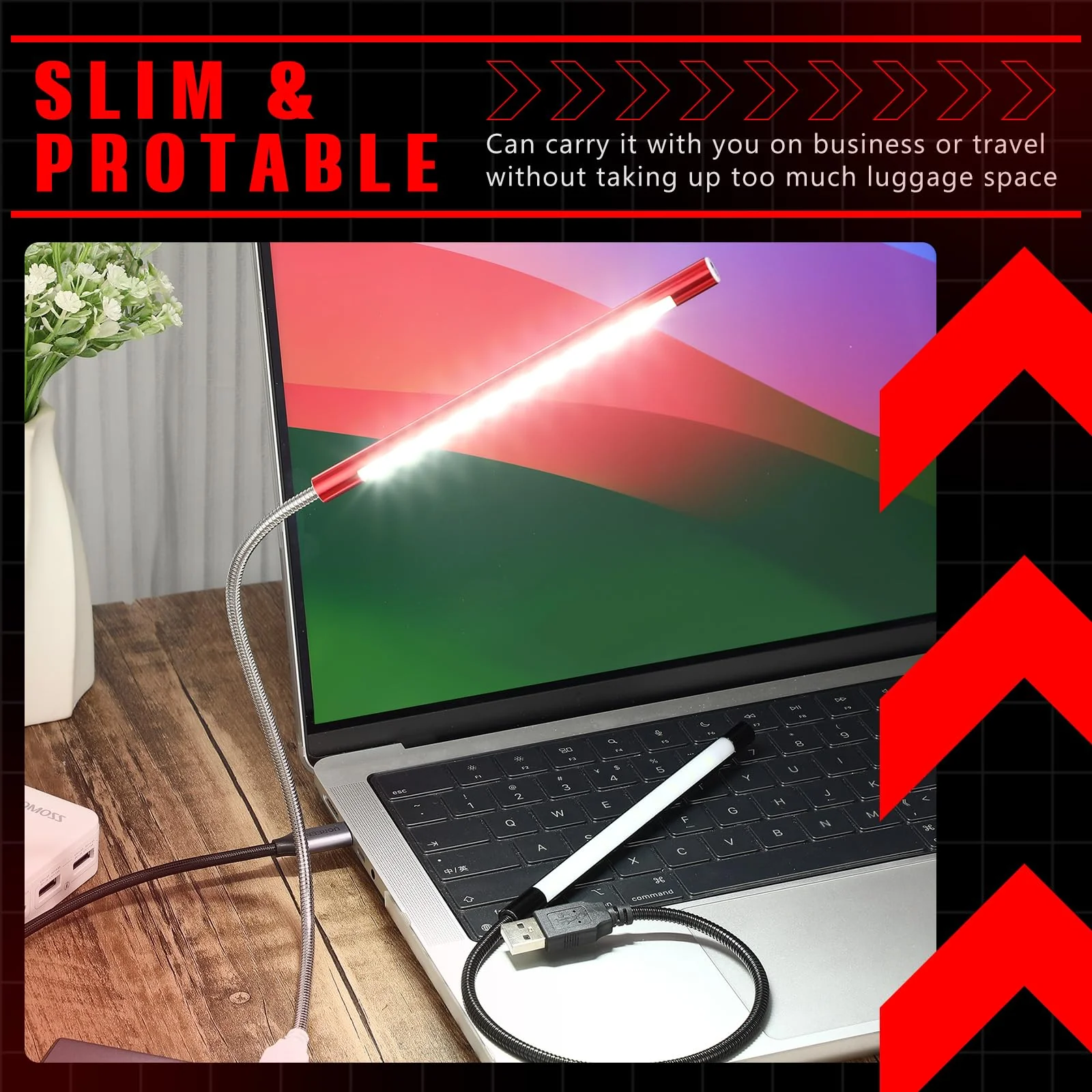 2 Pcs USB Reading Lamps with 10 LED Bead Brightness Dimmable Setting Flexible USB Keyboard Light USB Lamp for Desktop Notebook Laptop Computer, On/Off Touch Switch, Black and Red Black, Red - Image 5