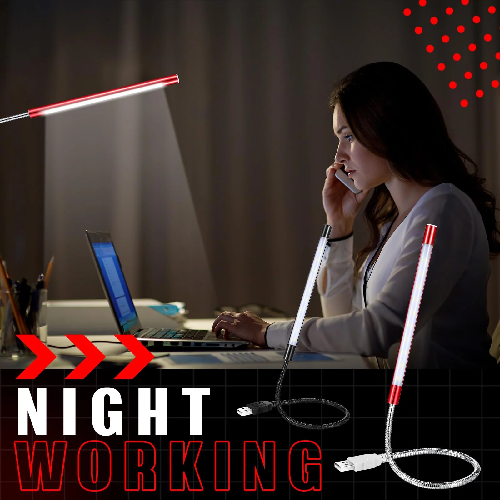 2 Pcs USB Reading Lamps with 10 LED Bead Brightness Dimmable Setting Flexible USB Keyboard Light USB Lamp for Desktop Notebook Laptop Computer, On/Off Touch Switch, Black and Red Black, Red - Image 6