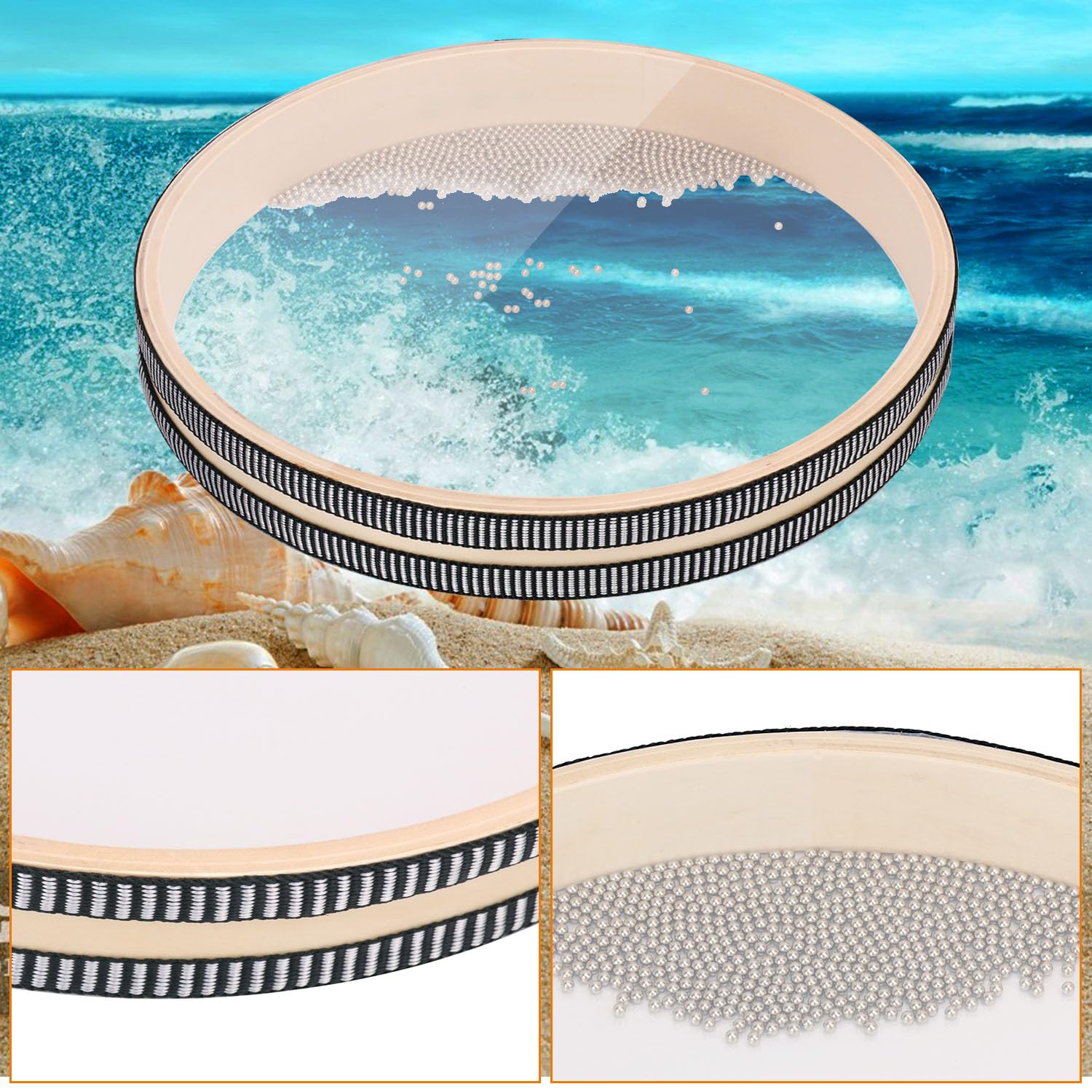 2 PCS Wave Bead Ocean Drum, 10 Inch Percussion Wave Drum, Authentic Sea Sound Drum, Shell Ocean Sound Drum for Sound Healing, Home Supplies - Image 3