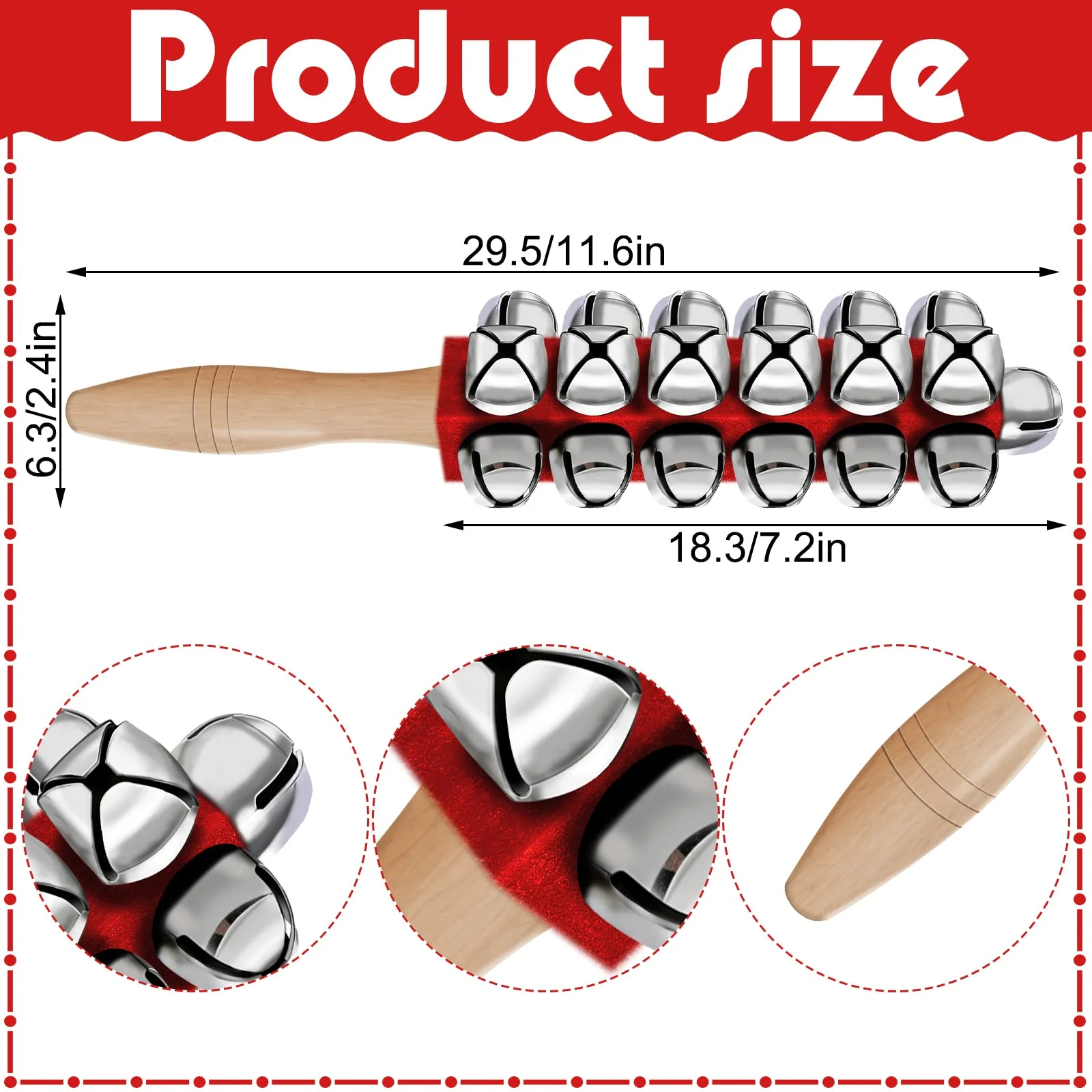2 Pieces Christmas Hand Jingle Bells Wooden Handle Sleigh Christmas Stick Jingle Shaker Rattles Percussion Musical Bell Instruments for Kids Holiday Xmas Toys(Red) - Image 2