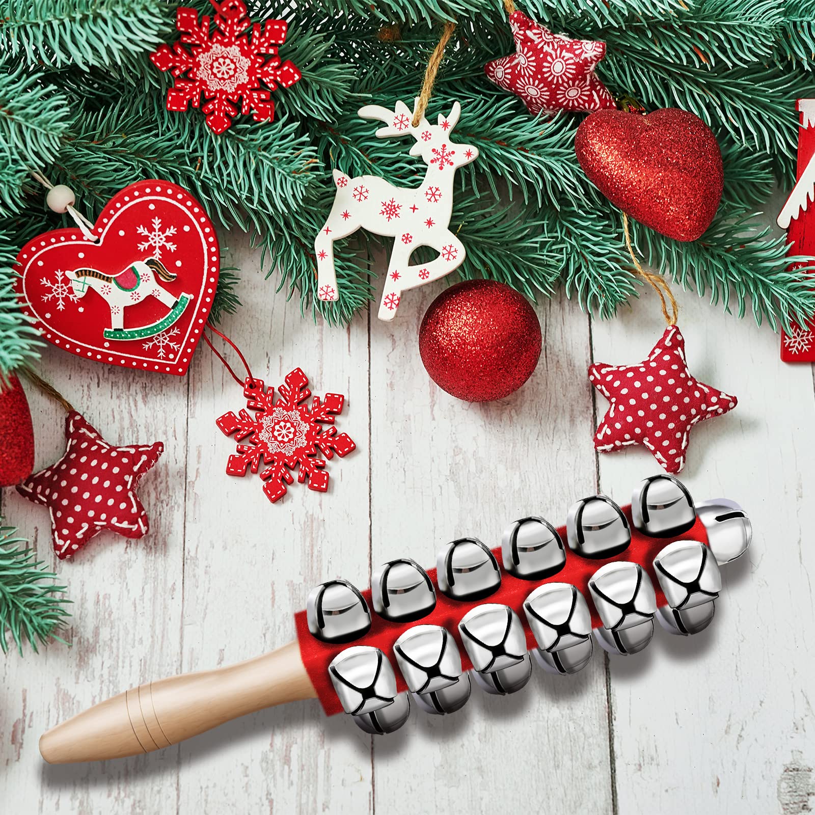2 Pieces Christmas Hand Jingle Bells Wooden Handle Sleigh Christmas Stick Jingle Shaker Rattles Percussion Musical Bell Instruments for Kids Holiday Xmas Toys(Red) - Image 3