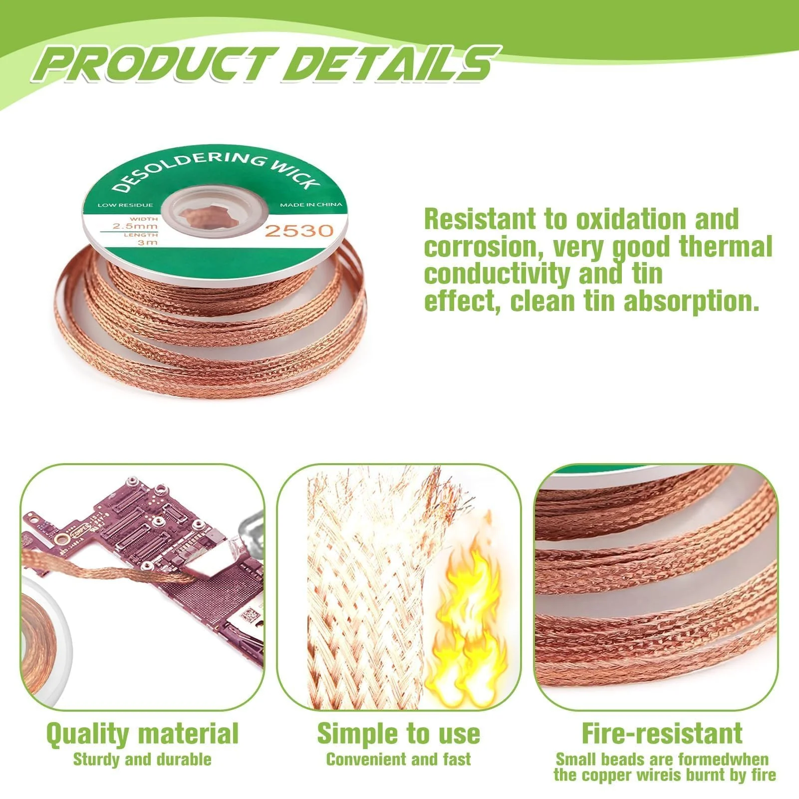 2 Pieces Copper Desoldering Wire 2.5mm x 3cm x 2 Desoldering Wire Copper Desoldering Wire for Removing Solder Joints and Disassembling Electrical Components - Image 3