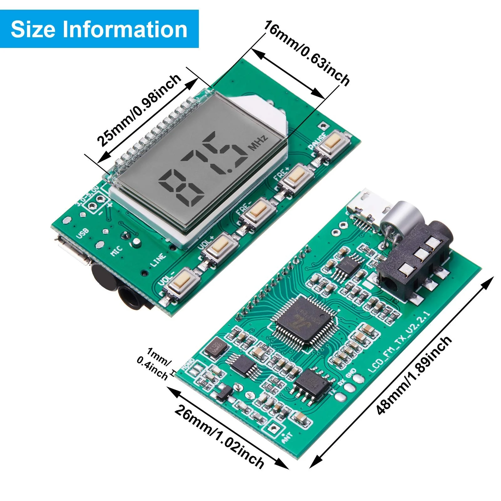 2 Pieces Digital FM Transmitter Module Stereo FM Transmitter DSP PLL 76.0-108.0MHz Stereo Frequency Modulation with LCD Display Line/USB/Mic Input, DC 3.0V - 5.0V - Image 2