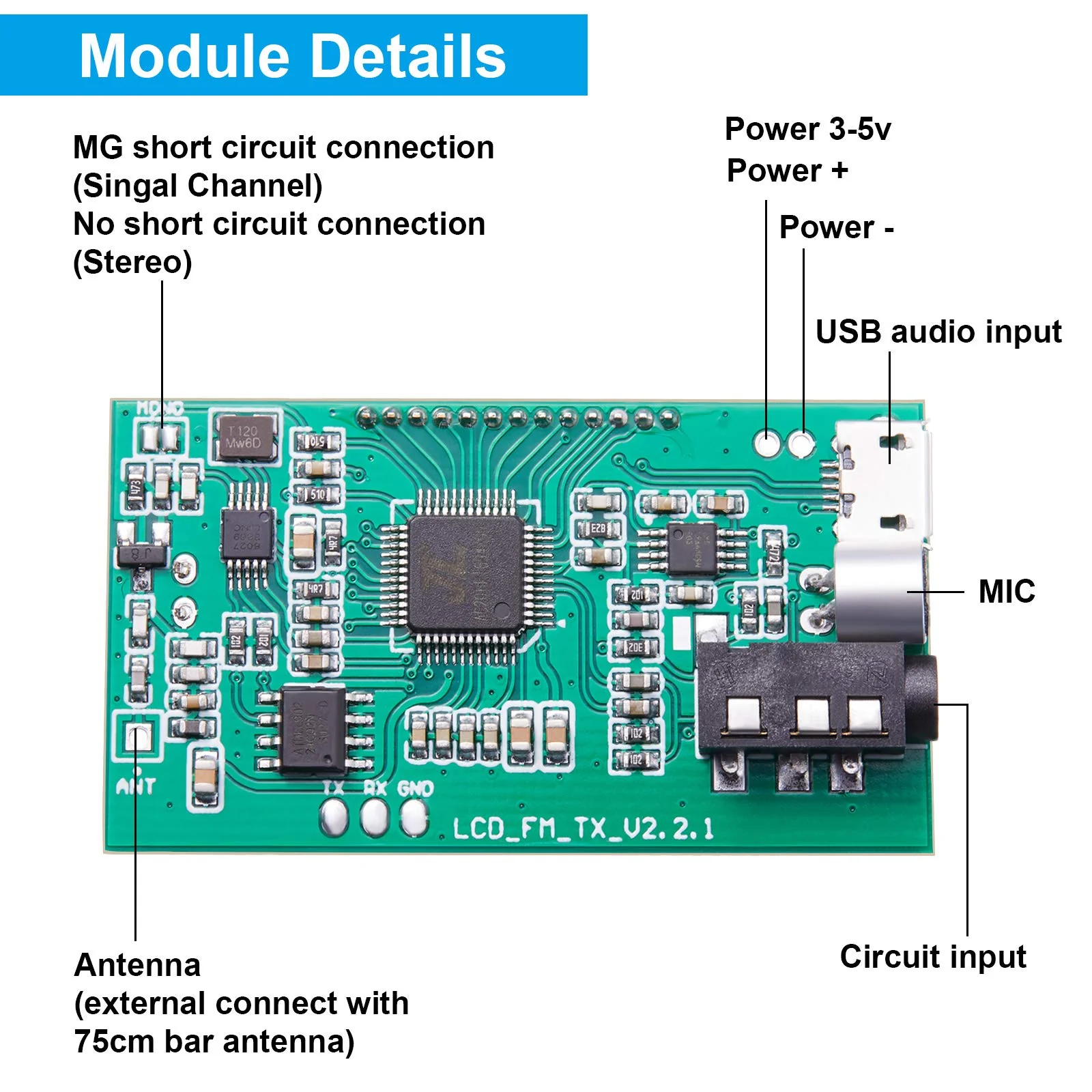 2 Pieces Digital FM Transmitter Module Stereo FM Transmitter DSP PLL 76.0-108.0MHz Stereo Frequency Modulation with LCD Display Line/USB/Mic Input, DC 3.0V - 5.0V - Image 3