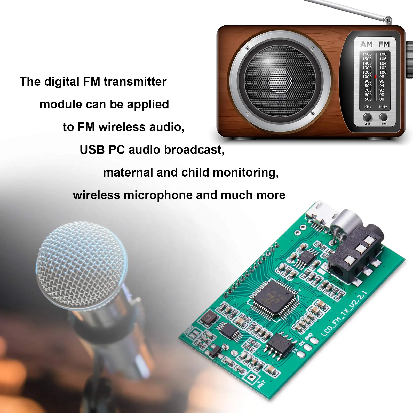 2 Pieces Digital FM Transmitter Module Stereo FM Transmitter DSP PLL 76.0-108.0MHz Stereo Frequency Modulation with LCD Display Line/USB/Mic Input, DC 3.0V - 5.0V - Image 6