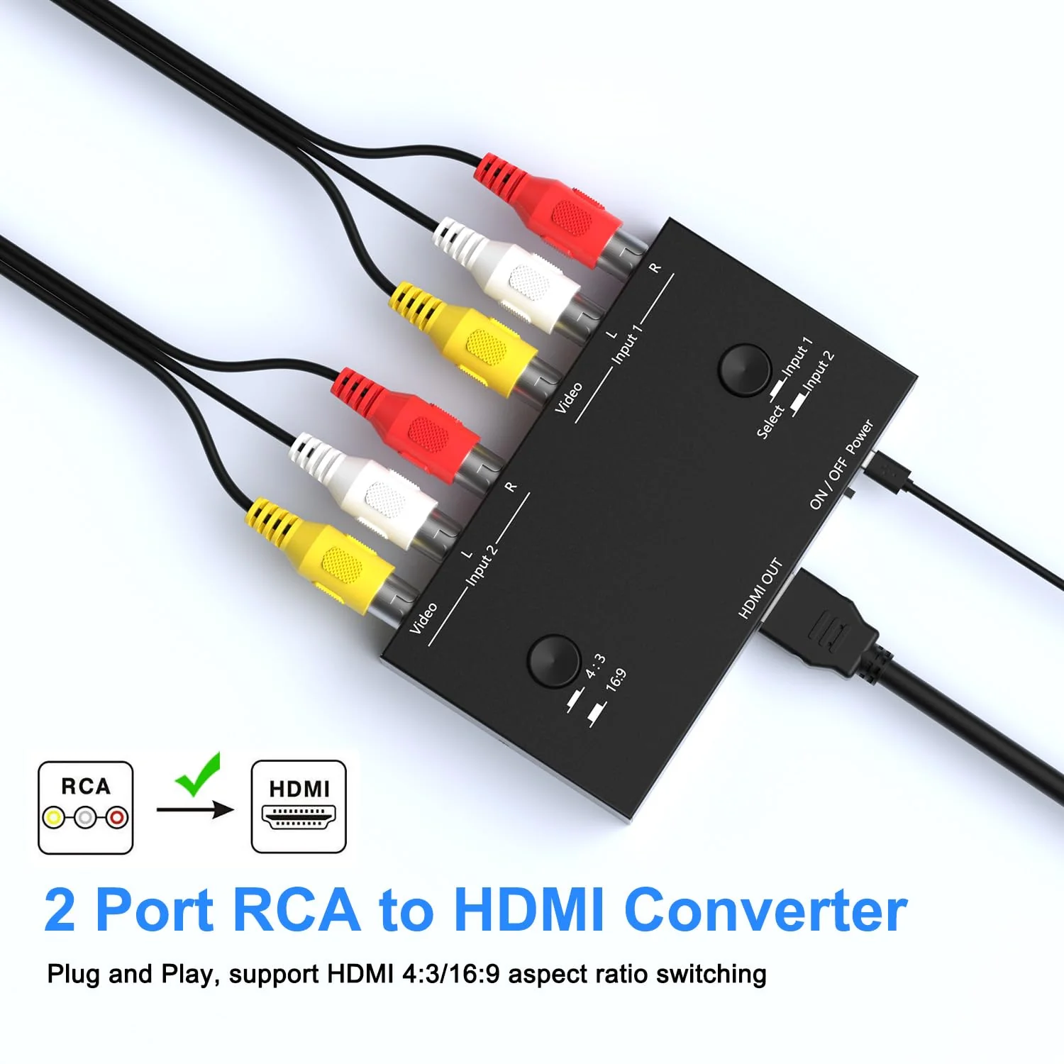 2 Port RCA/AV to HDMI Converter Adapter Support 16:9/4:3 for WII/N64/PS1/PS2/PS3/VHS/VCR/DVD Players etc(2 AV in 1 HDMI Out) 2Port AV to HDMI Converter - Image 5