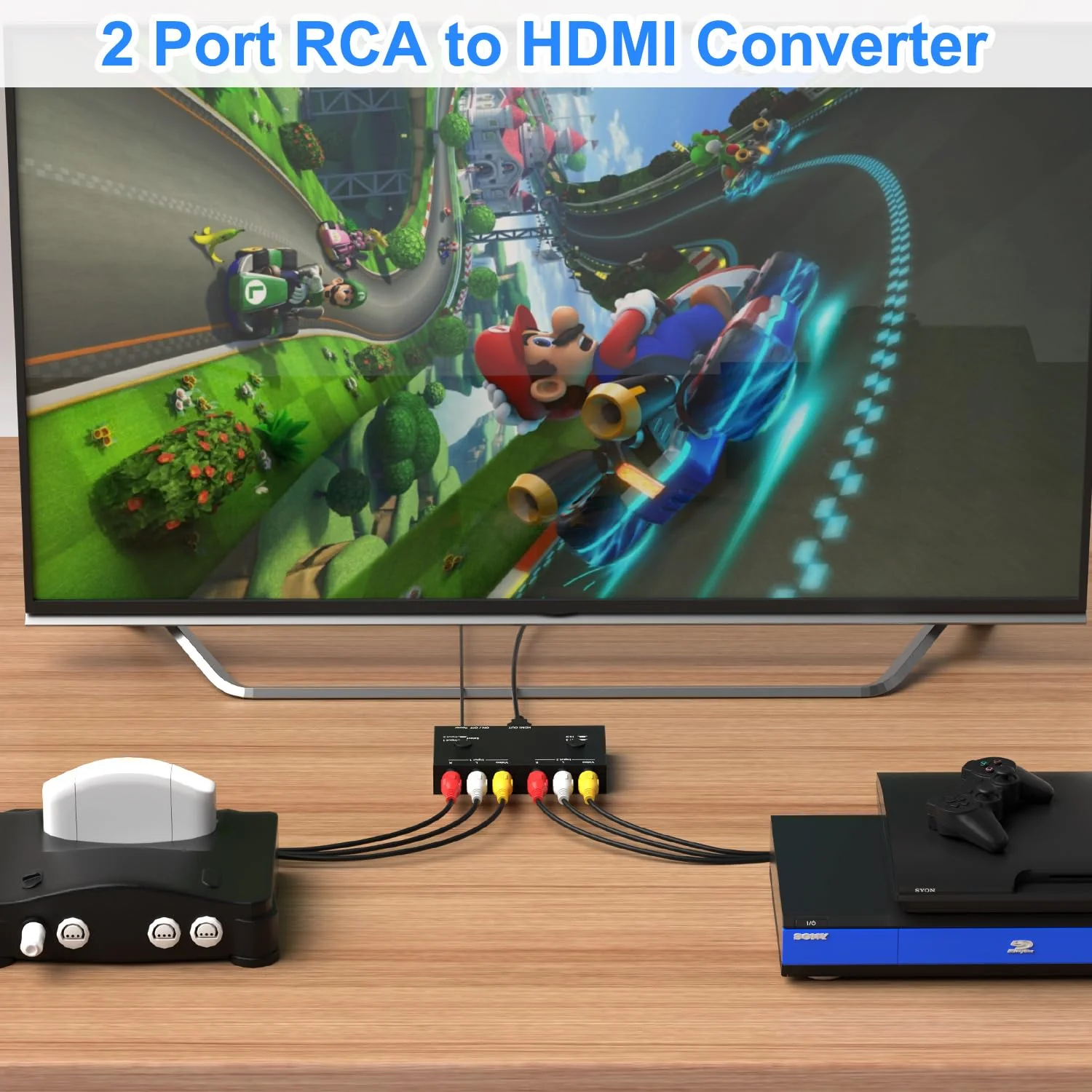 2 Port RCA/AV to HDMI Converter Adapter Support 16:9/4:3 for WII/N64/PS1/PS2/PS3/VHS/VCR/DVD Players etc(2 AV in 1 HDMI Out) 2Port AV to HDMI Converter - Image 6