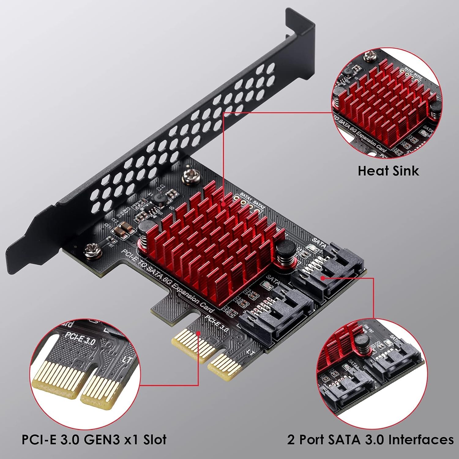 2-Port SATA Card Expansion Cards, PCI-E 3.0 GEN3 JMICRON+JMB582 Chip, 6Gbps Expansion Adapter Boards PCI Express Controller Adapter Card for Windows XP/2003/2008/Vista/Win7/8/10/Linux. - Image 4