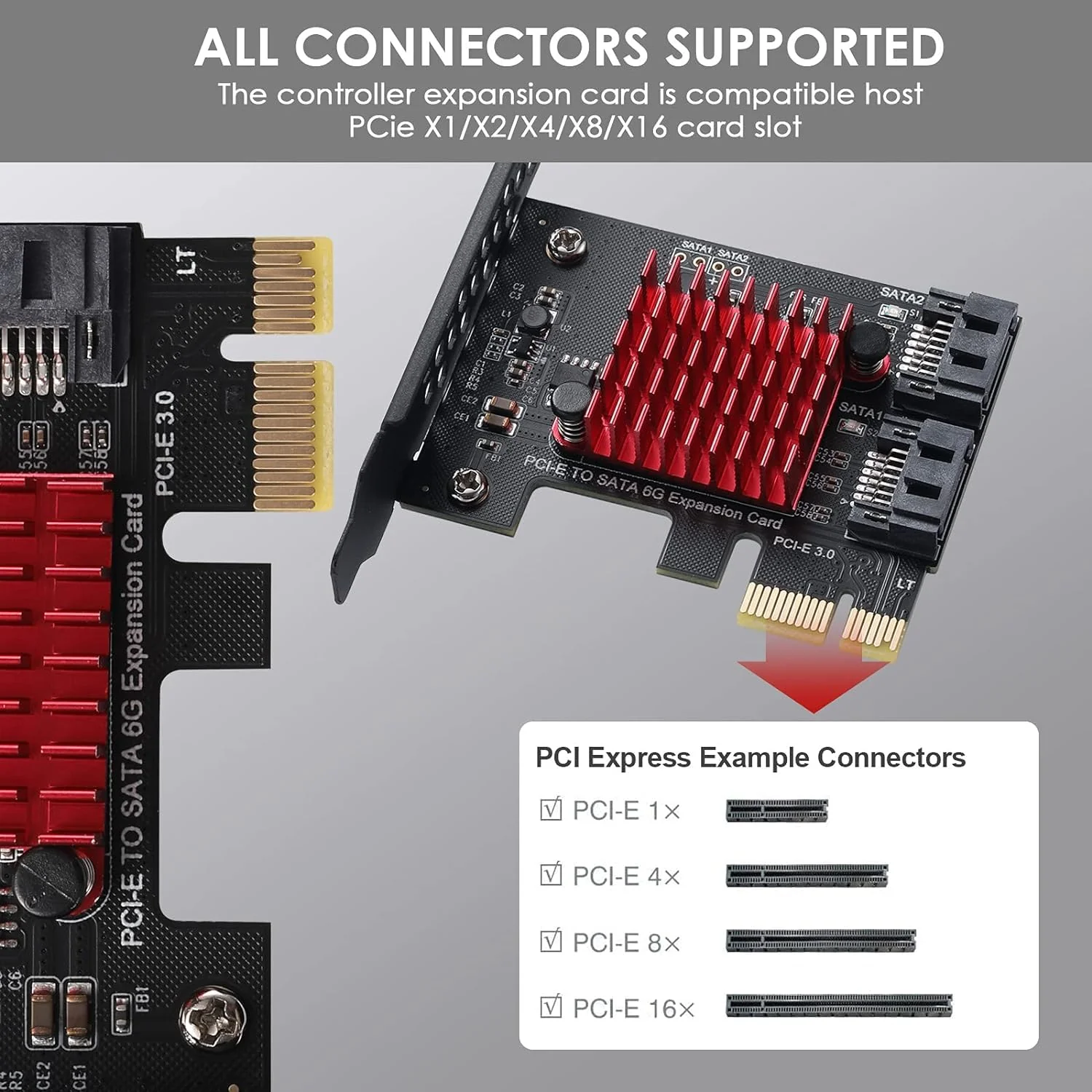 2-Port SATA Card Expansion Cards, PCI-E 3.0 GEN3 JMICRON+JMB582 Chip, 6Gbps Expansion Adapter Boards PCI Express Controller Adapter Card for Windows XP/2003/2008/Vista/Win7/8/10/Linux. - Image 5
