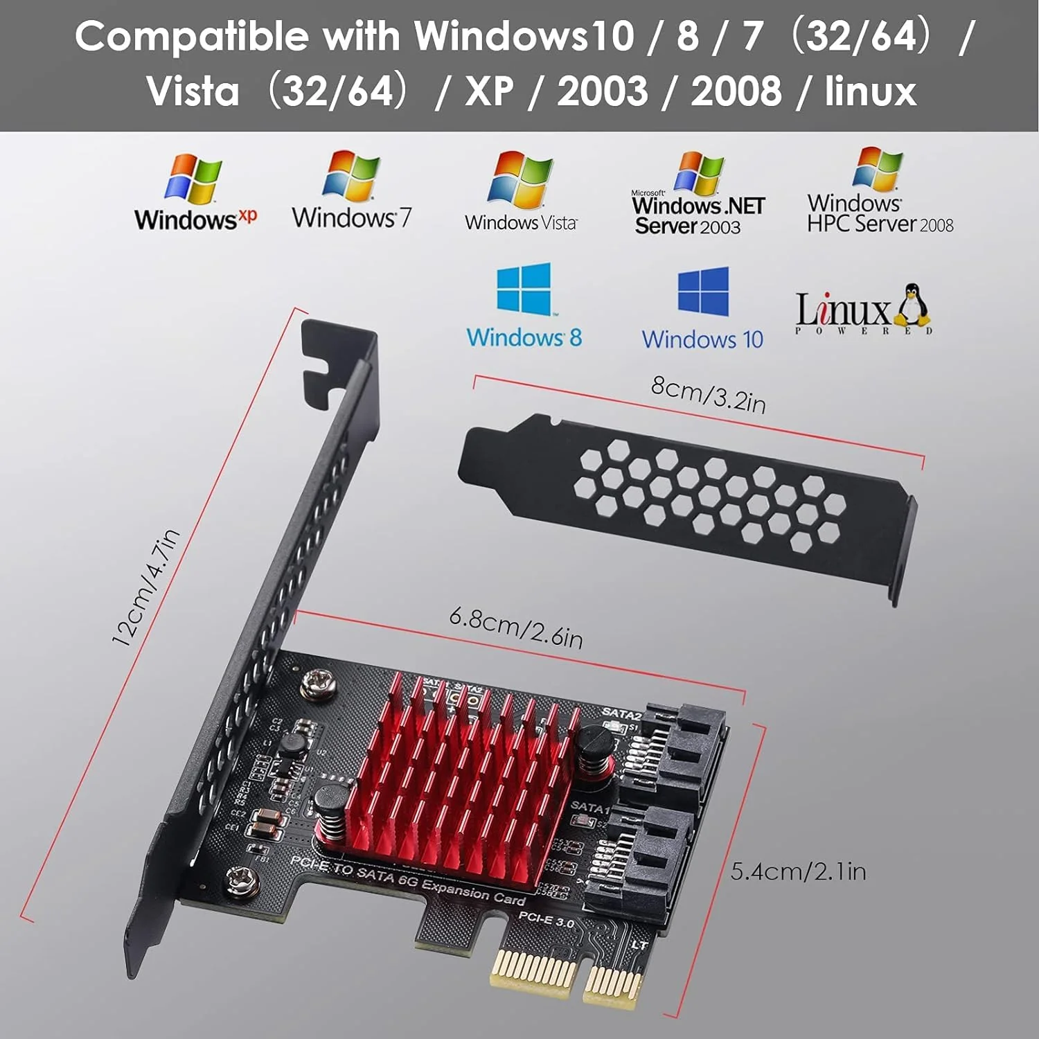 2-Port SATA Card Expansion Cards, PCI-E 3.0 GEN3 JMICRON+JMB582 Chip, 6Gbps Expansion Adapter Boards PCI Express Controller Adapter Card for Windows XP/2003/2008/Vista/Win7/8/10/Linux. - Image 7