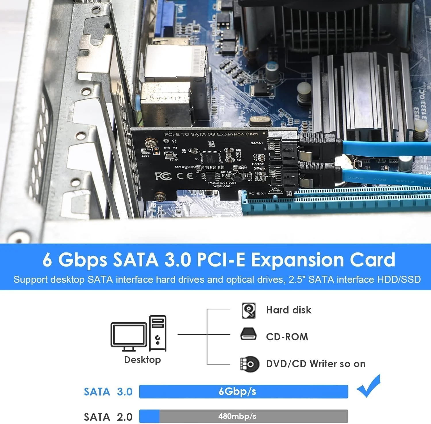 2-port SATA III 6Gbps Expansion Card, SATA Controller Card for PCI-Express Slot 1x 4X 8X 16x, Supports Windows Systems, Ubuntu, Vista - Image 2