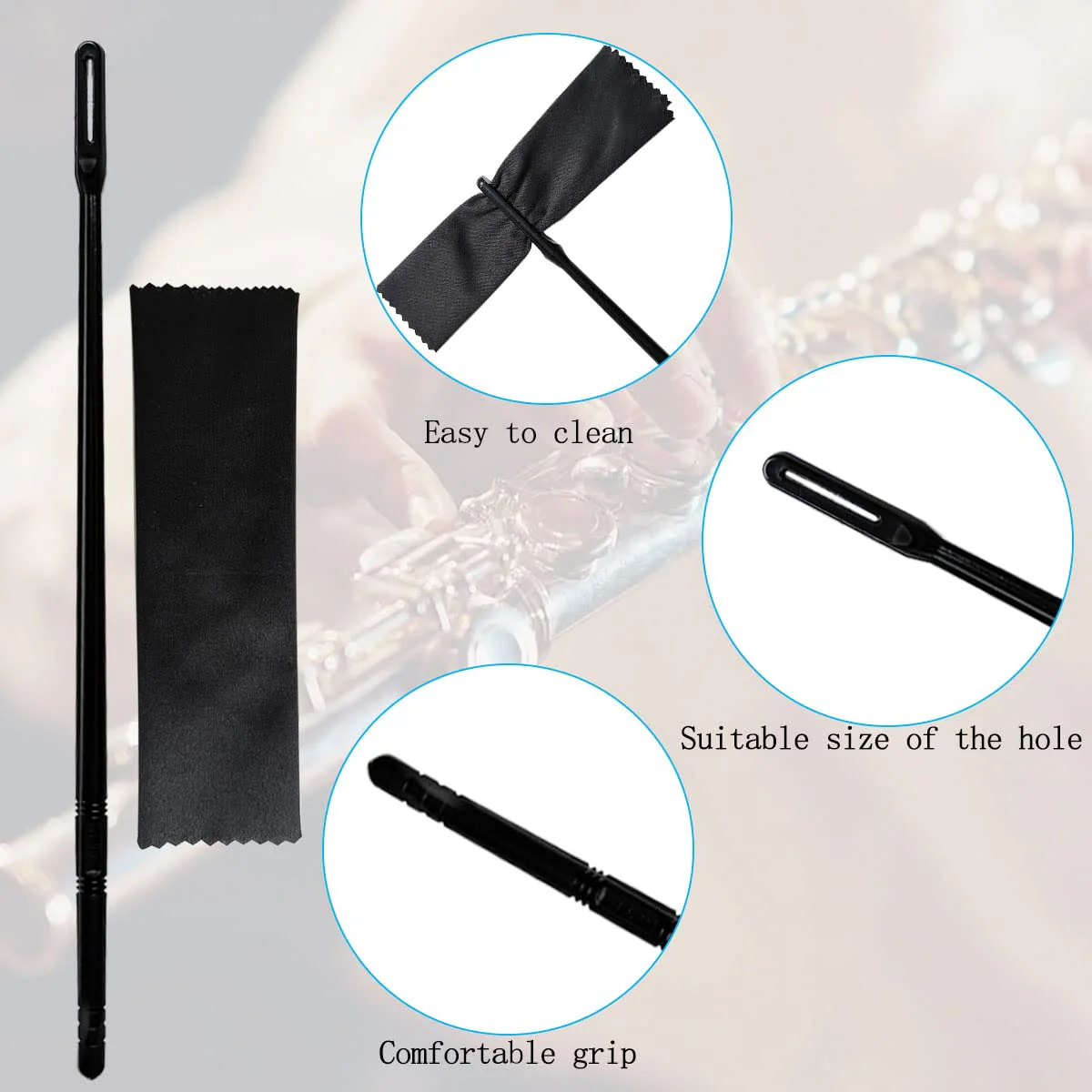 2 Sets Flute Cleaning Rod and Cloth, Flute Cleaning Kit, Flute Cleaning Rod and Flute Cleaning Cloth, Cleaning Swabs Flute Cleaning Cloth, Flute Cleaning Rod, Flute Cleaning Cloth (Black) 2 Sets Flute Cleaning Rod and Cloth - Image 4