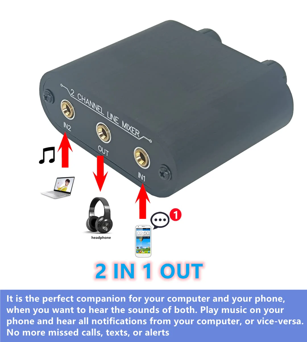 2 Way Audio mixer 3.5mm Un-powered mixer, 2 to 1 Stereo aux 3.5mm line levels control Box mini passive mixer X21 - Image 2