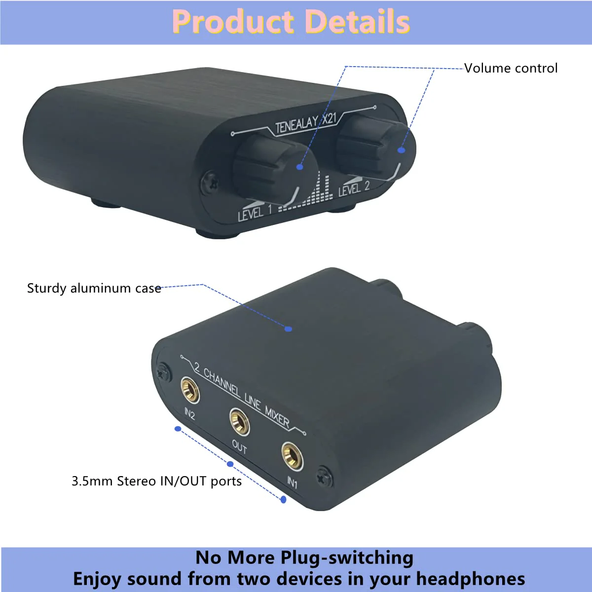 2 Way Audio mixer 3.5mm Un-powered mixer, 2 to 1 Stereo aux 3.5mm line levels control Box mini passive mixer X21 - Image 4