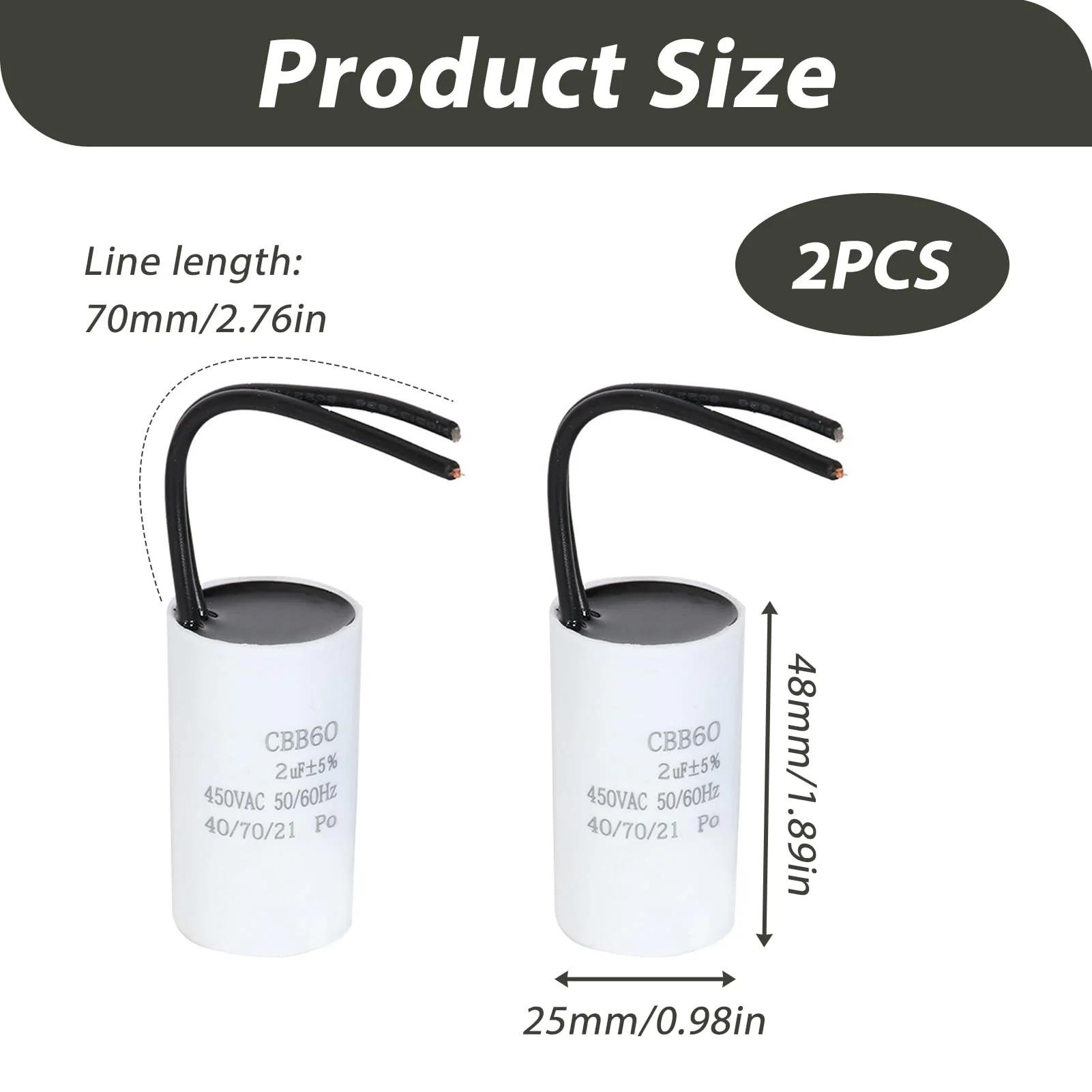 2 x 2µF 450 V CBB60 Capacitor, Starting Capacitor, Motor Capacitor, Work Capacitor for Household Appliances, Durable, Environmentally Friendly, with Cables, Suitable for Circulation Pump, Wall Boiler - Image 2