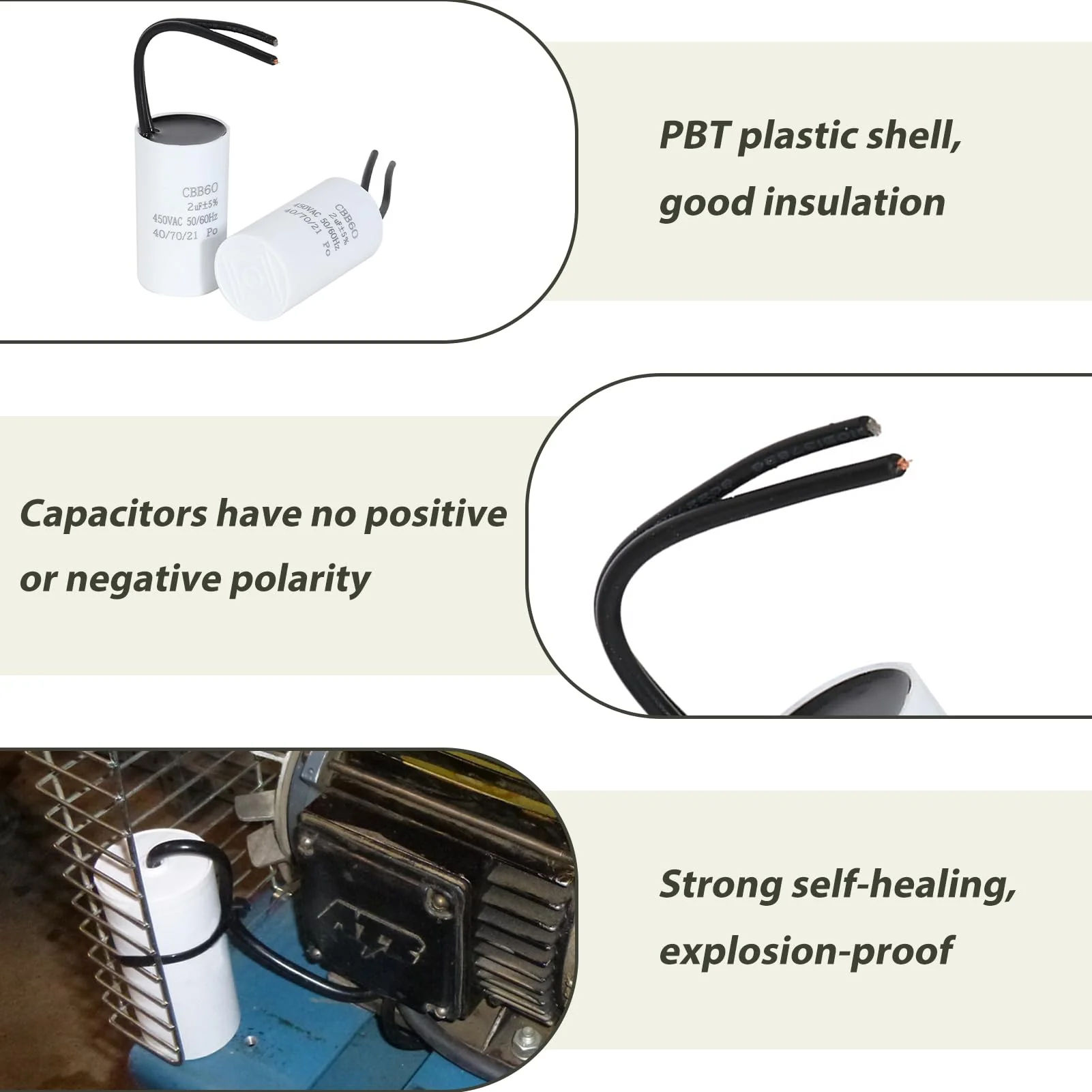2 x 2µF 450 V CBB60 Capacitor, Starting Capacitor, Motor Capacitor, Work Capacitor for Household Appliances, Durable, Environmentally Friendly, with Cables, Suitable for Circulation Pump, Wall Boiler - Image 4