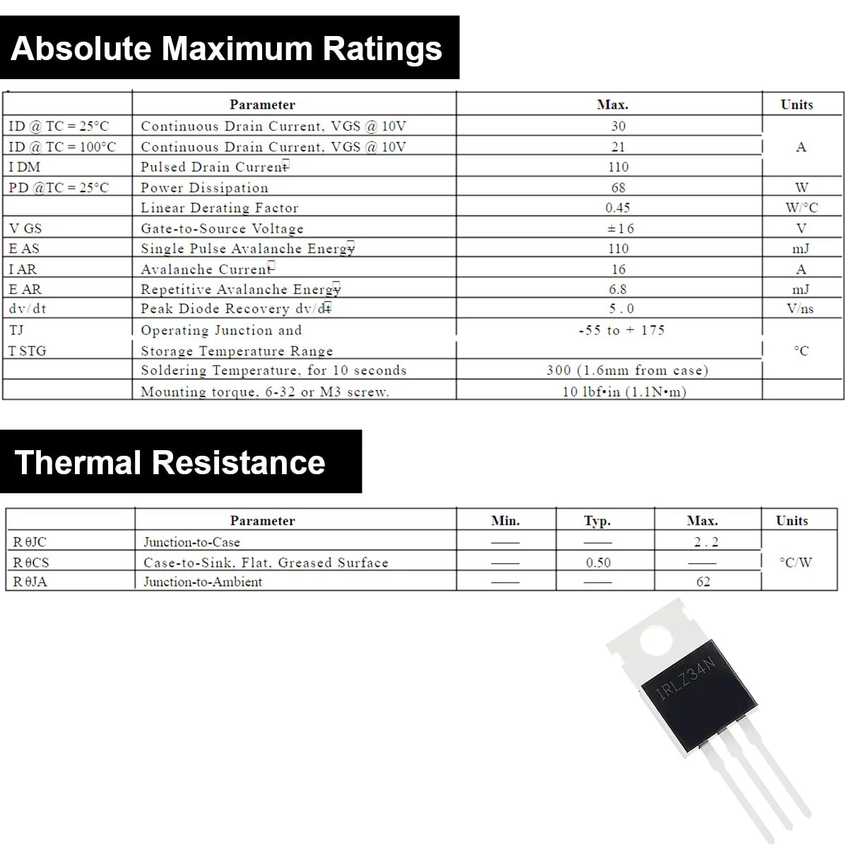 20 pcs IRLZ34N Mosfet Transistor N-Channel 30A 55V IRLZ34NPBF in-line MOSFET Transistor TO-220AB with Aluminum Heatsink Screwdriver Mounting Kits,for DIY - Image 5